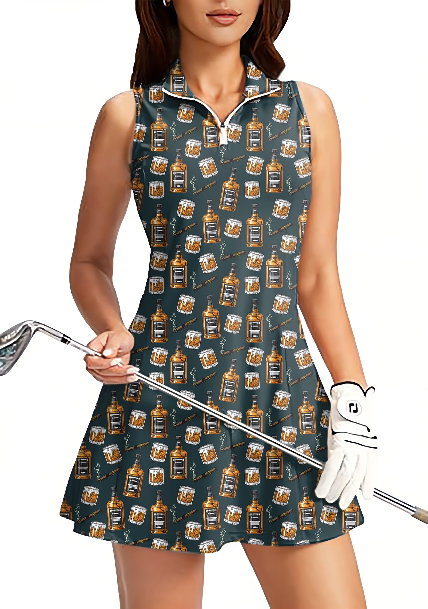 WHISKEY CIGARS Women's Golf Sleeveless Zipper Dresses with Built in Shorts