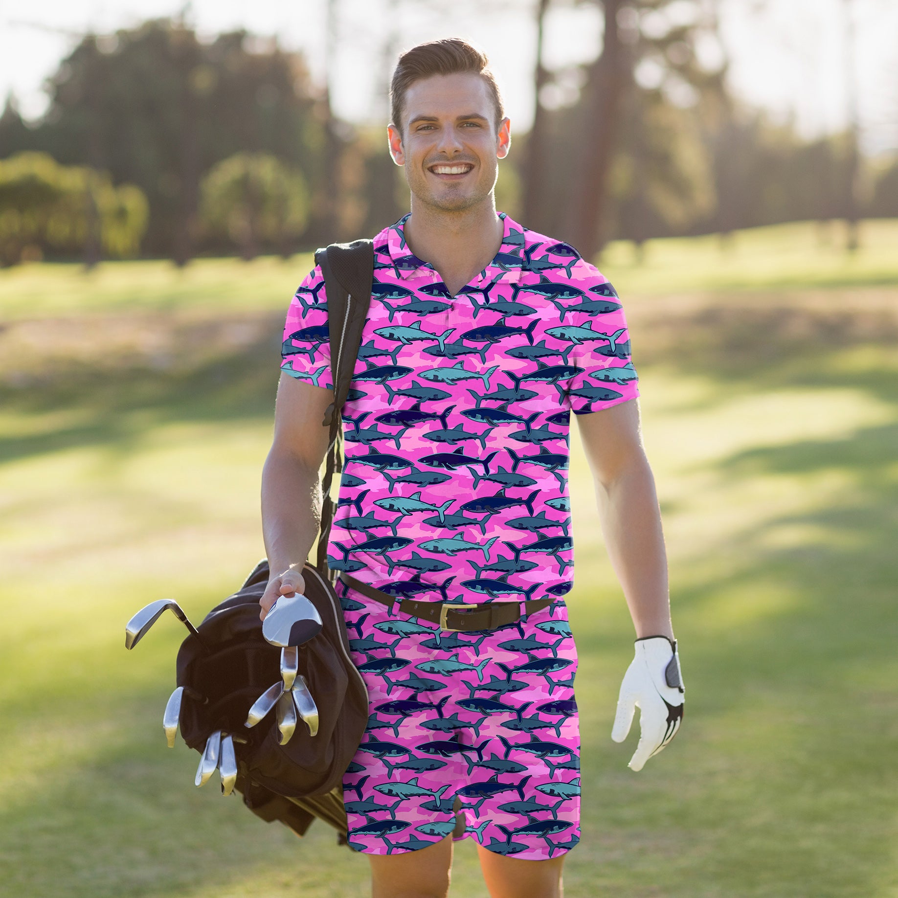 Men's Golf Set Polo+Shorts Electric Sharks Pink polo