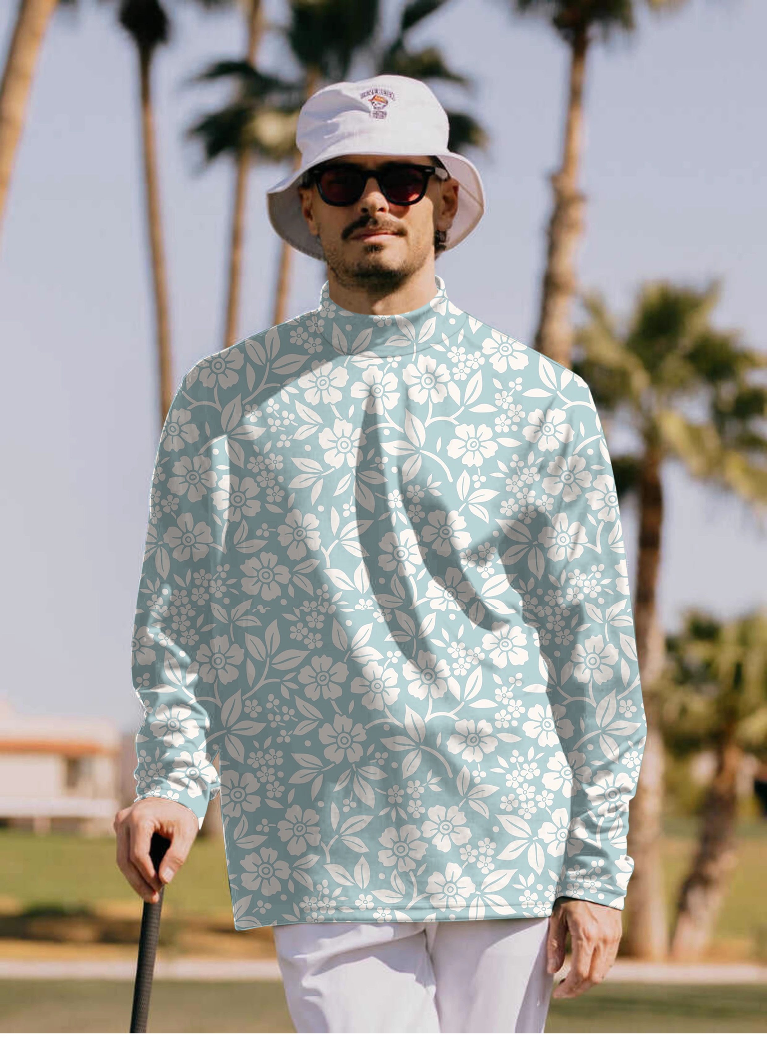 Men's Relaxed Blue Floral Pullover High neck Long/Short sleeve T-Shirt