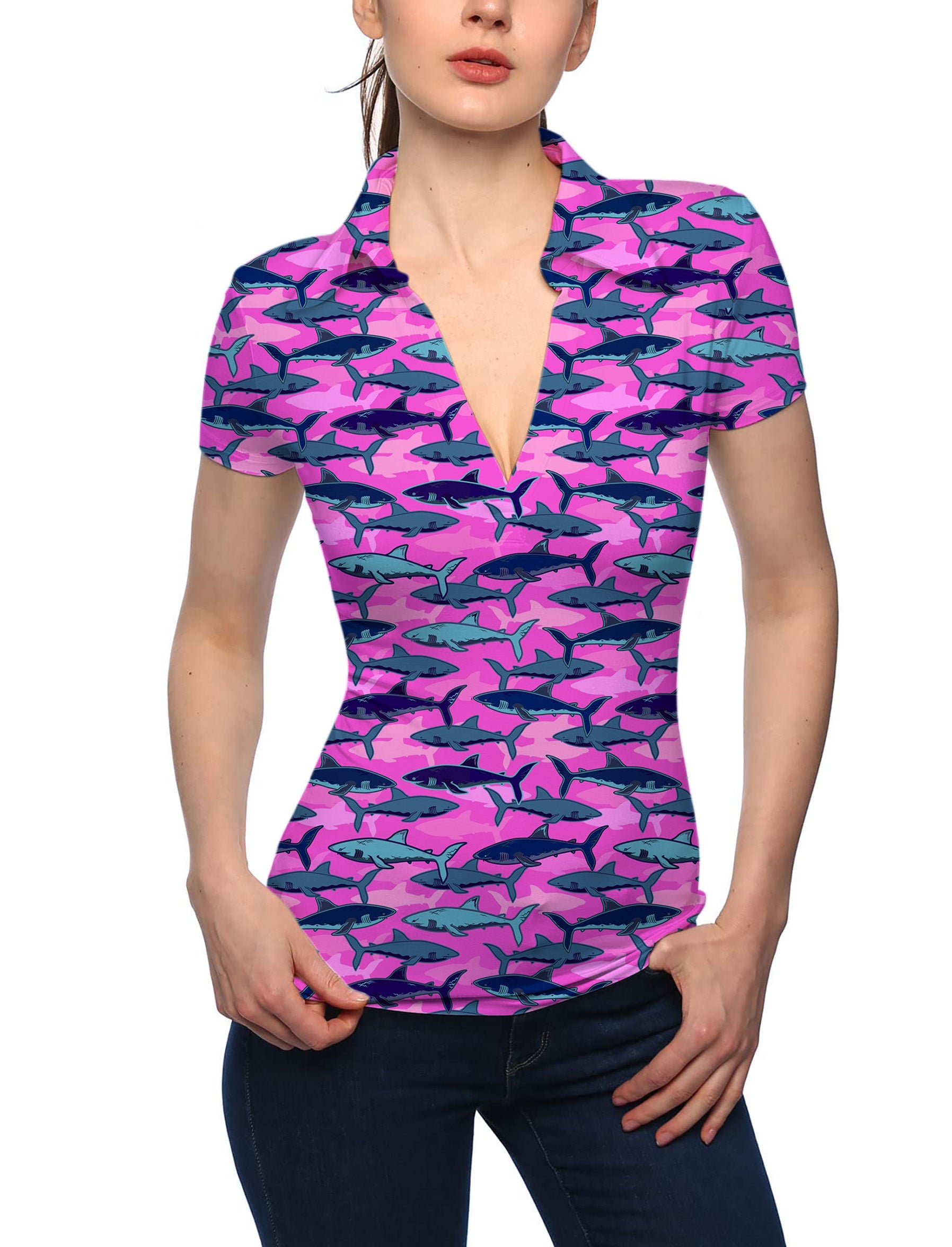 Women's Electric Sharks Pink V Neck Golf Polo