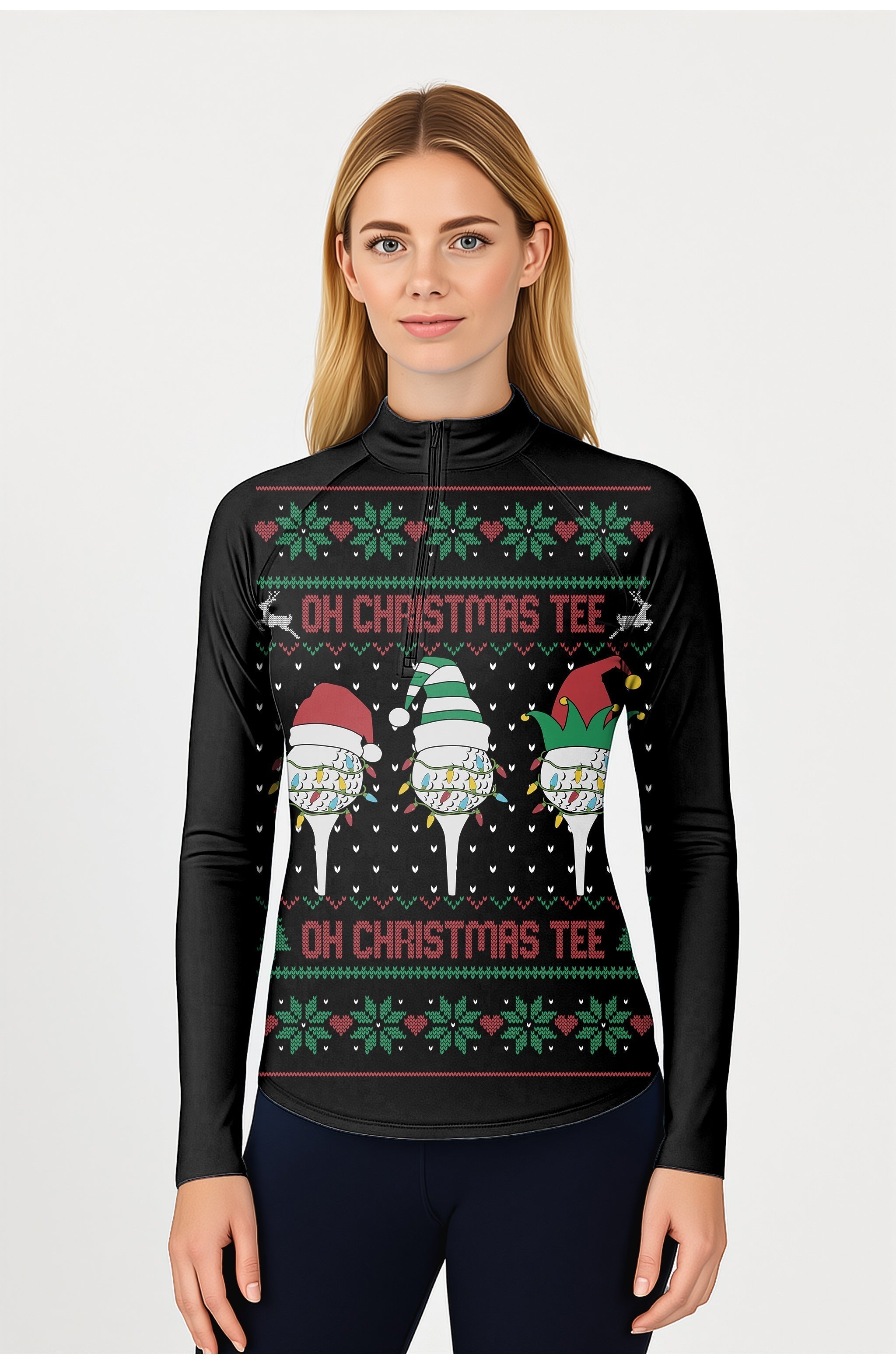 Black-Christmas Custom face women's golf 3/4 zip top with festive Christmas design and long sleeves