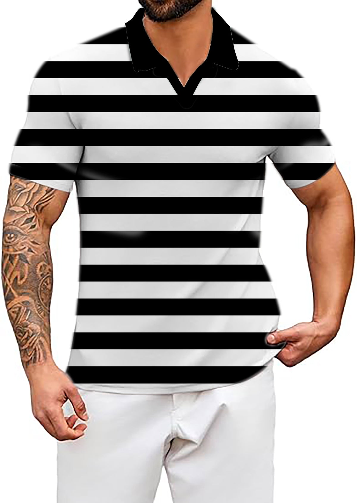 Men's Black and white horizontal stripes V Neck Golf Polo Shirts