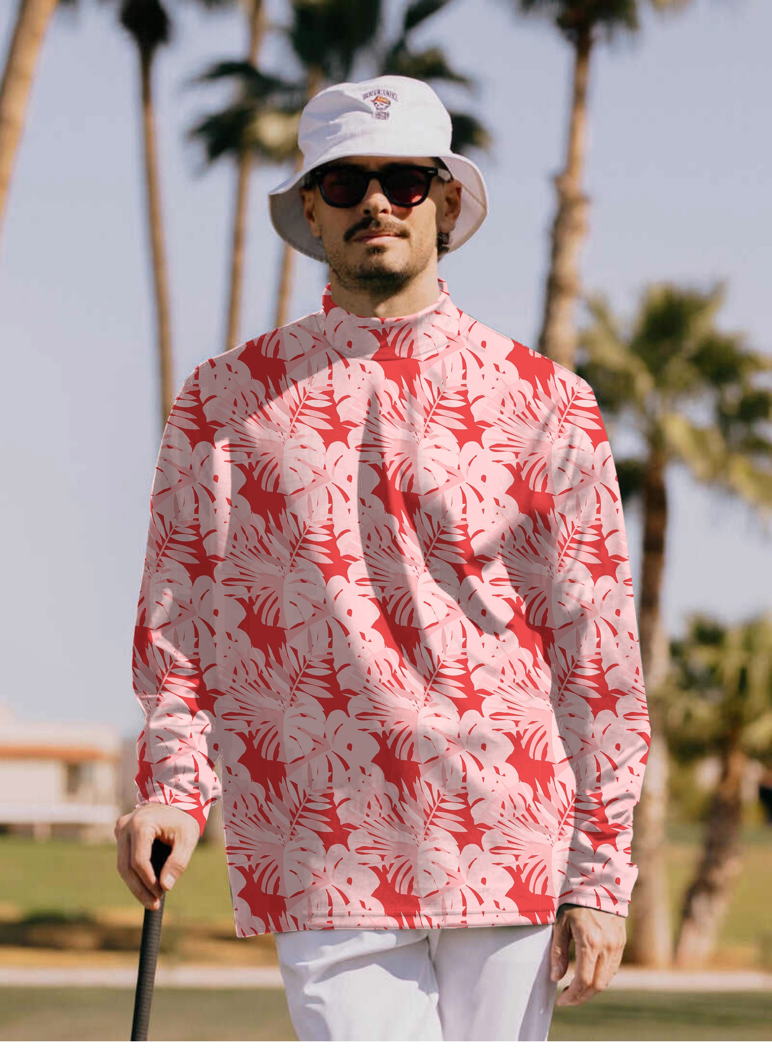 Men's red tropical leaves and plants high neck pullover t-shirt.