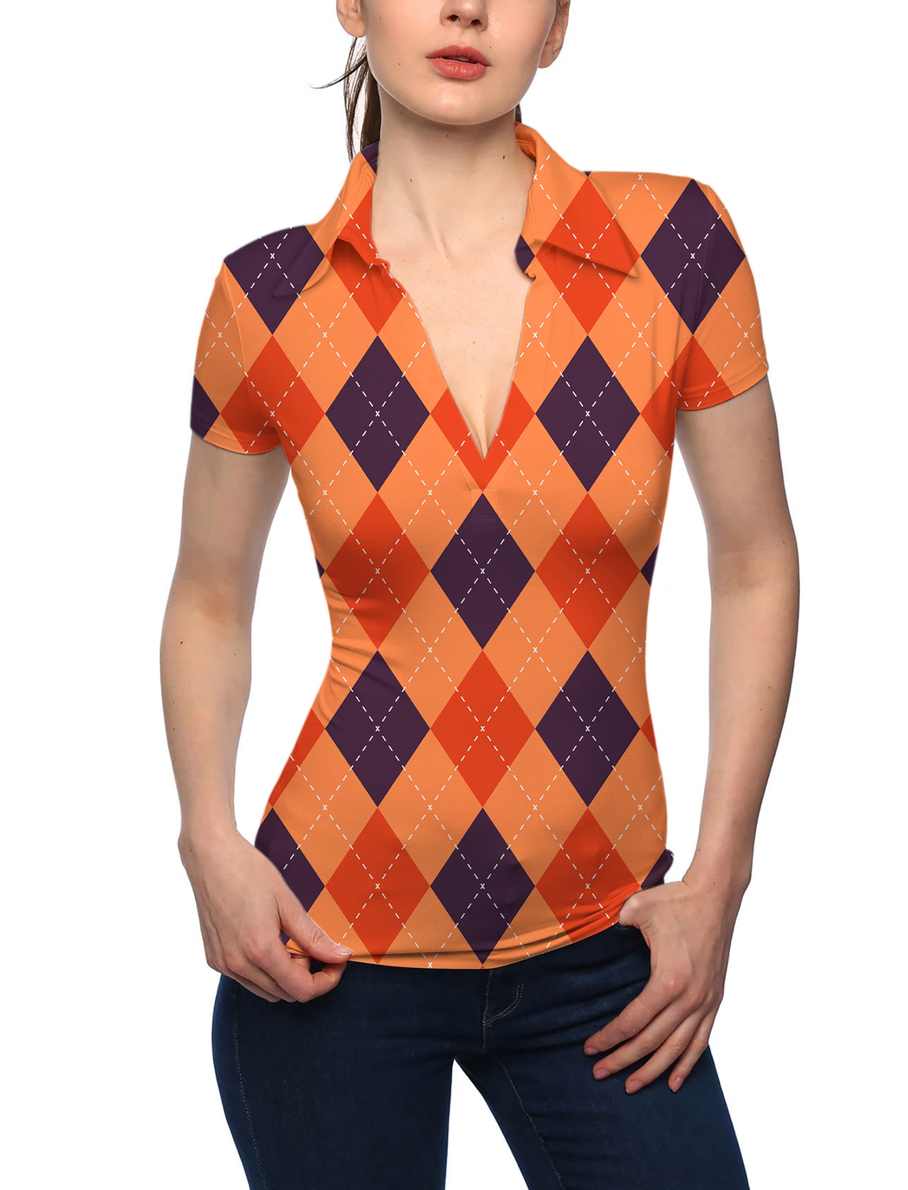 Women's Halloween Black Red Orange Argyle V Neck Golf Polo