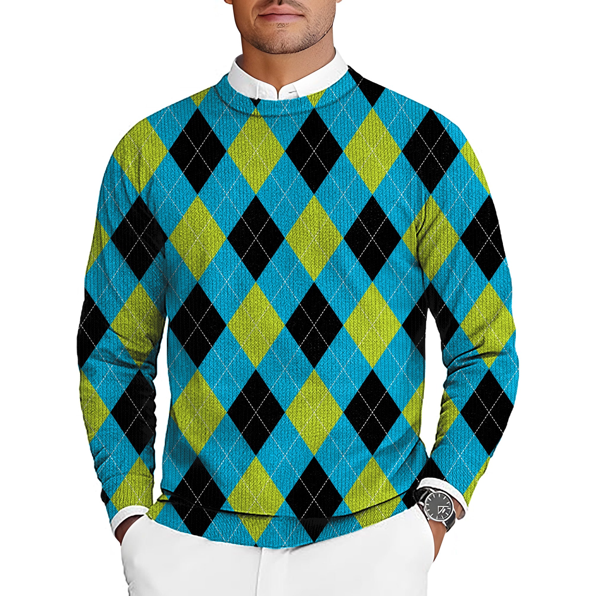 Halloween  Black Green Blue White Argyle Men's Golf Crewneck Pullover Sweaters Ugly Sweater