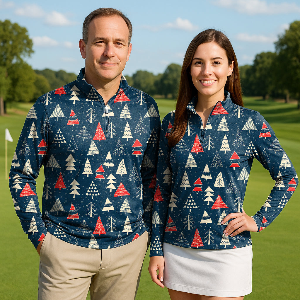Christmas Tree Couple Golf Active 3/4 Zip Top Long Sleeves