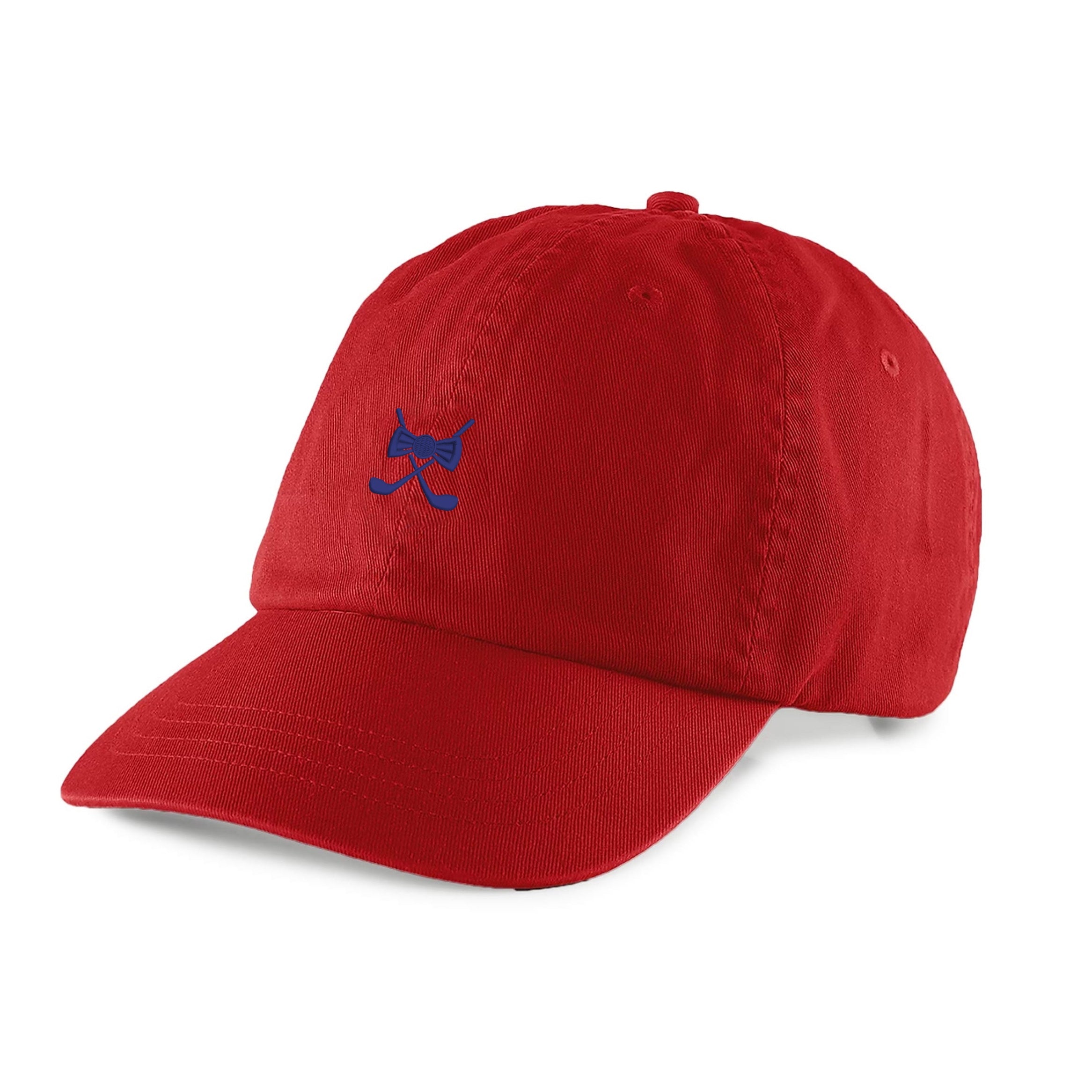 Red adjustable snapback golf cap with embroidered logo, customizable name, curved brim, and durable cotton material for sun protection and casual style.