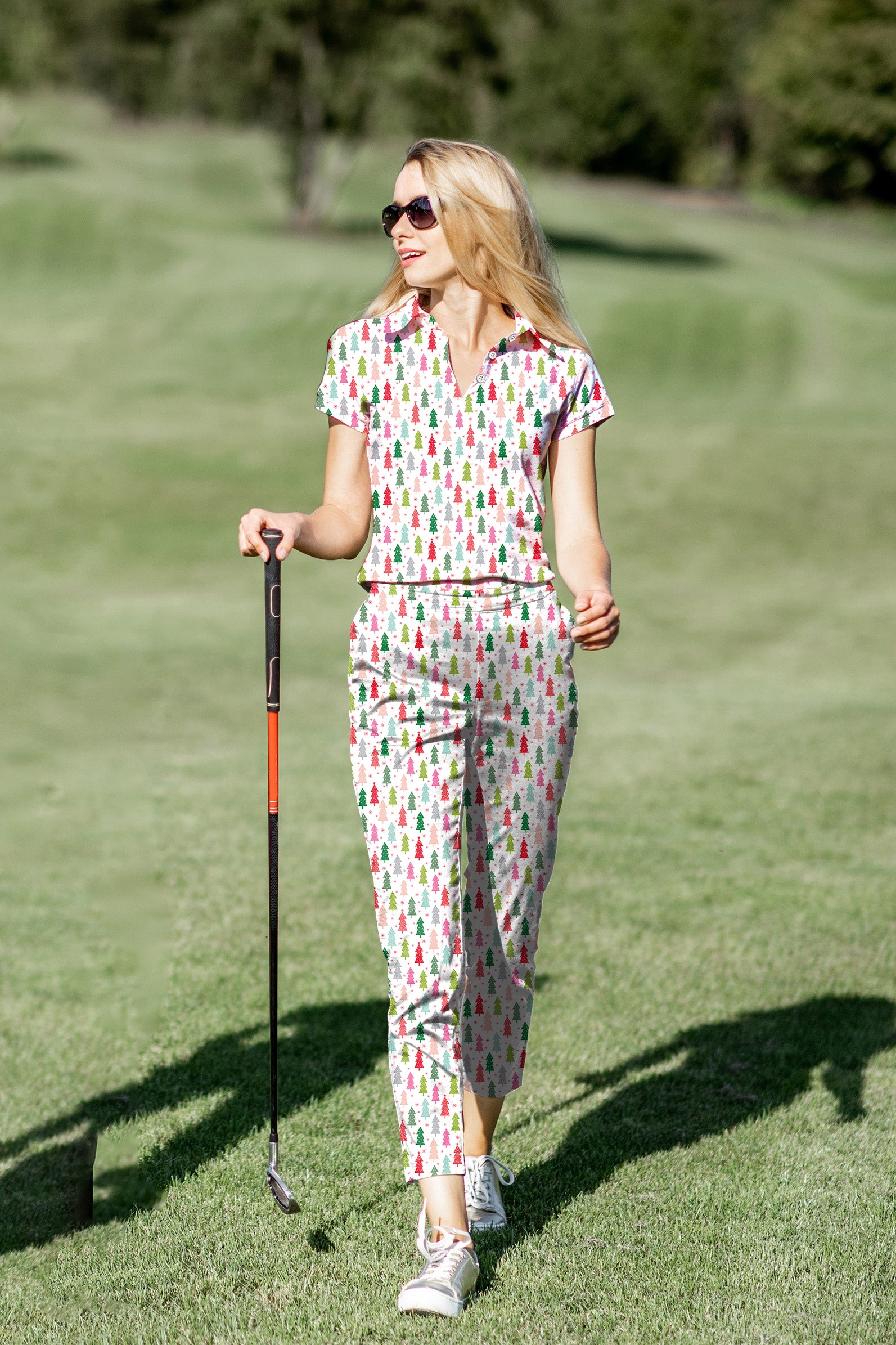 Women's Golf Polo+Pants Set Colorful Christmas Tree