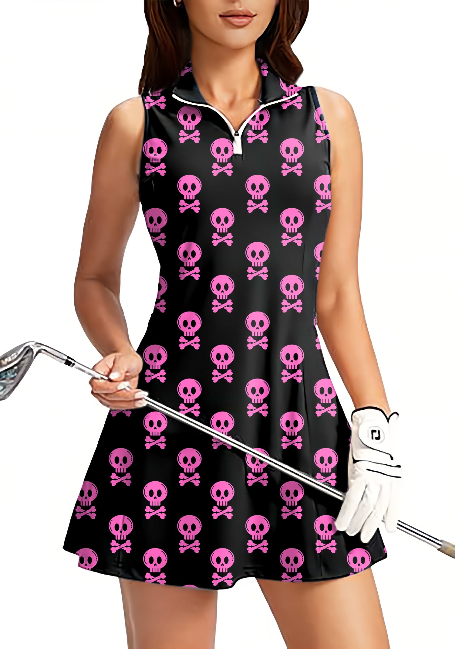 Halloween Punk Skull Women's Golf Sleeveless Zipper Dresses Comes With Separate Matching Shorts