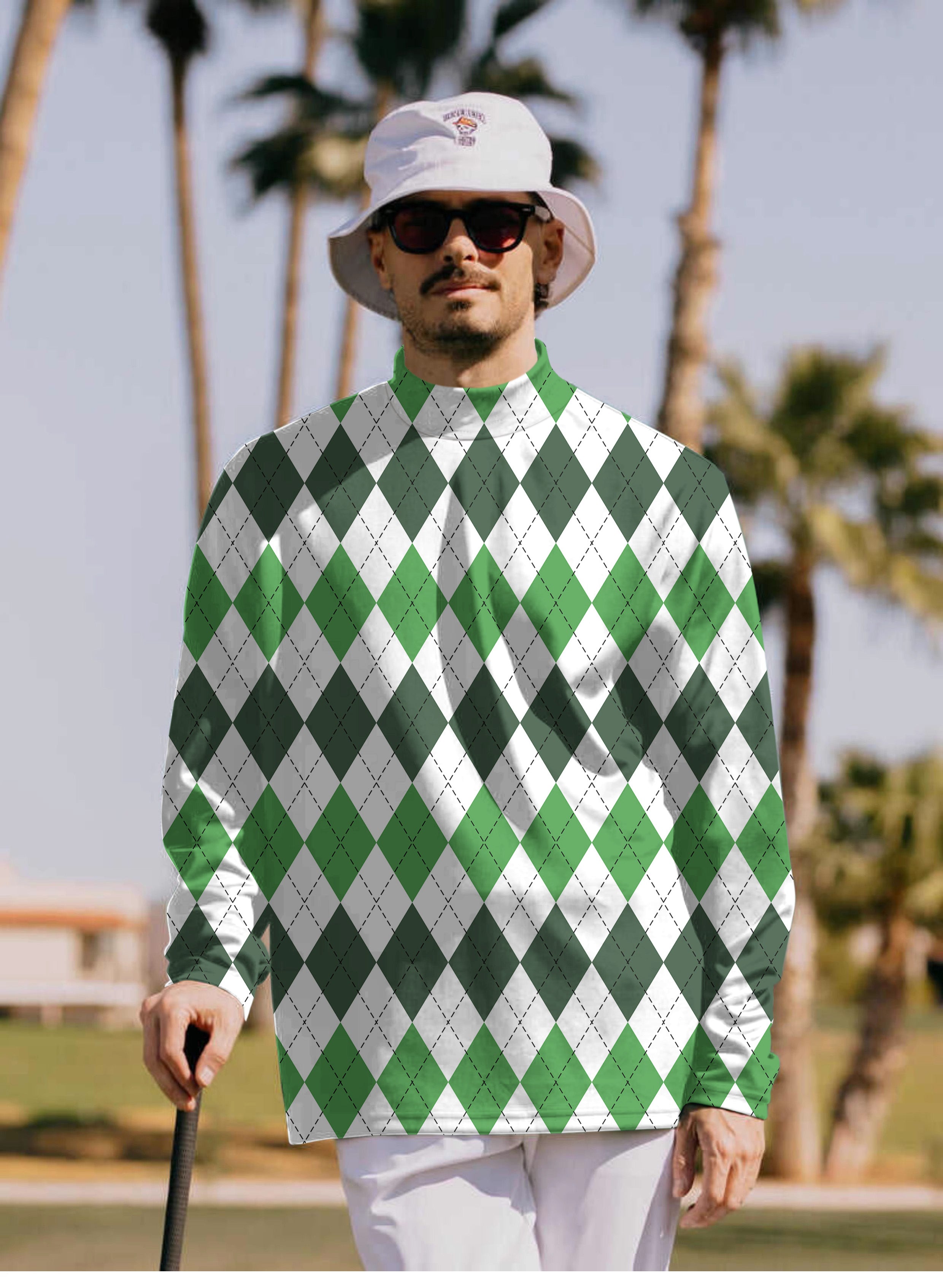 Men's St. Patricks day Argyle plaid Pullover High neck Long/Short sleeve T-Shirt