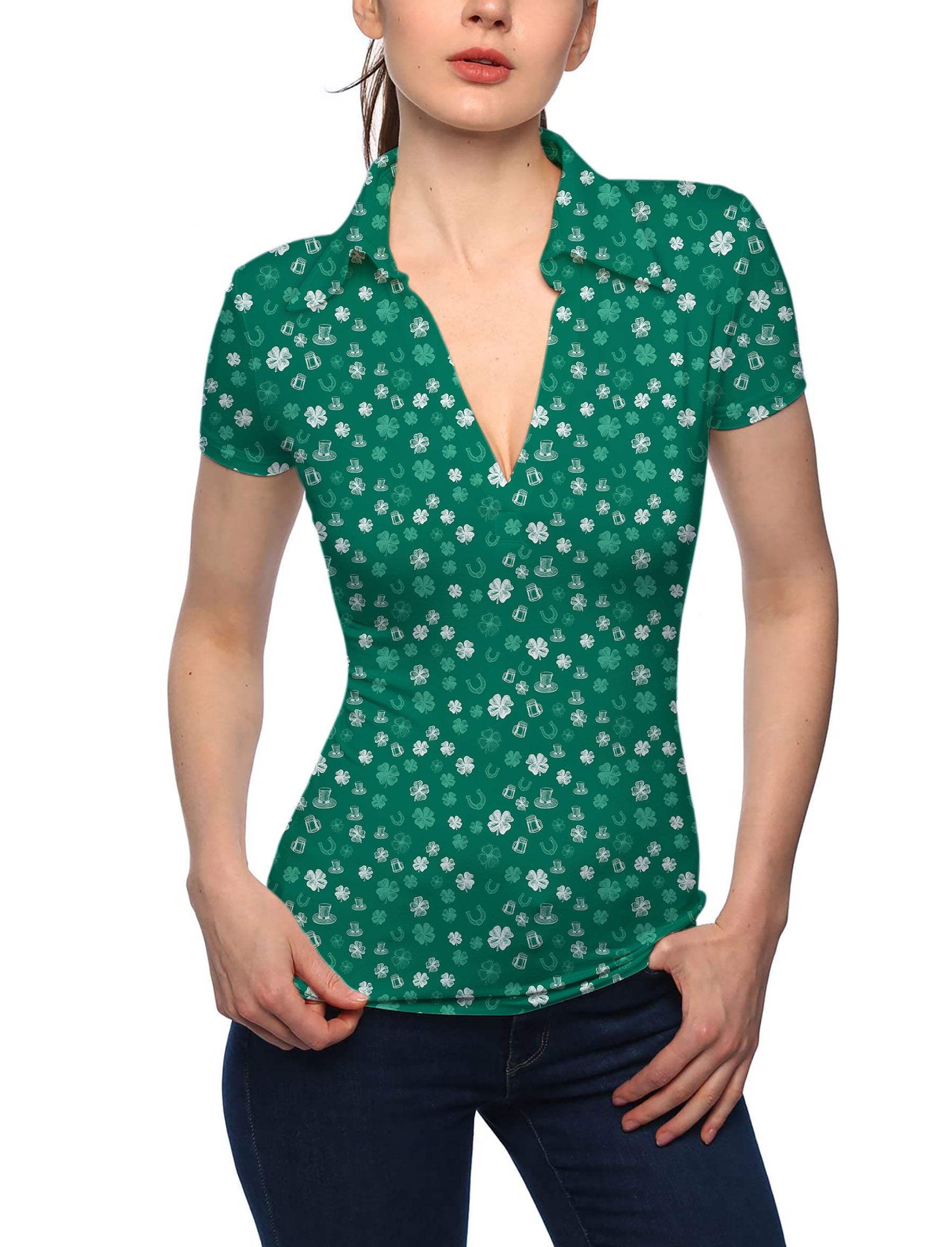 Women's Green beer clover leaf St. Patrick's Day V Neck Golf Polo