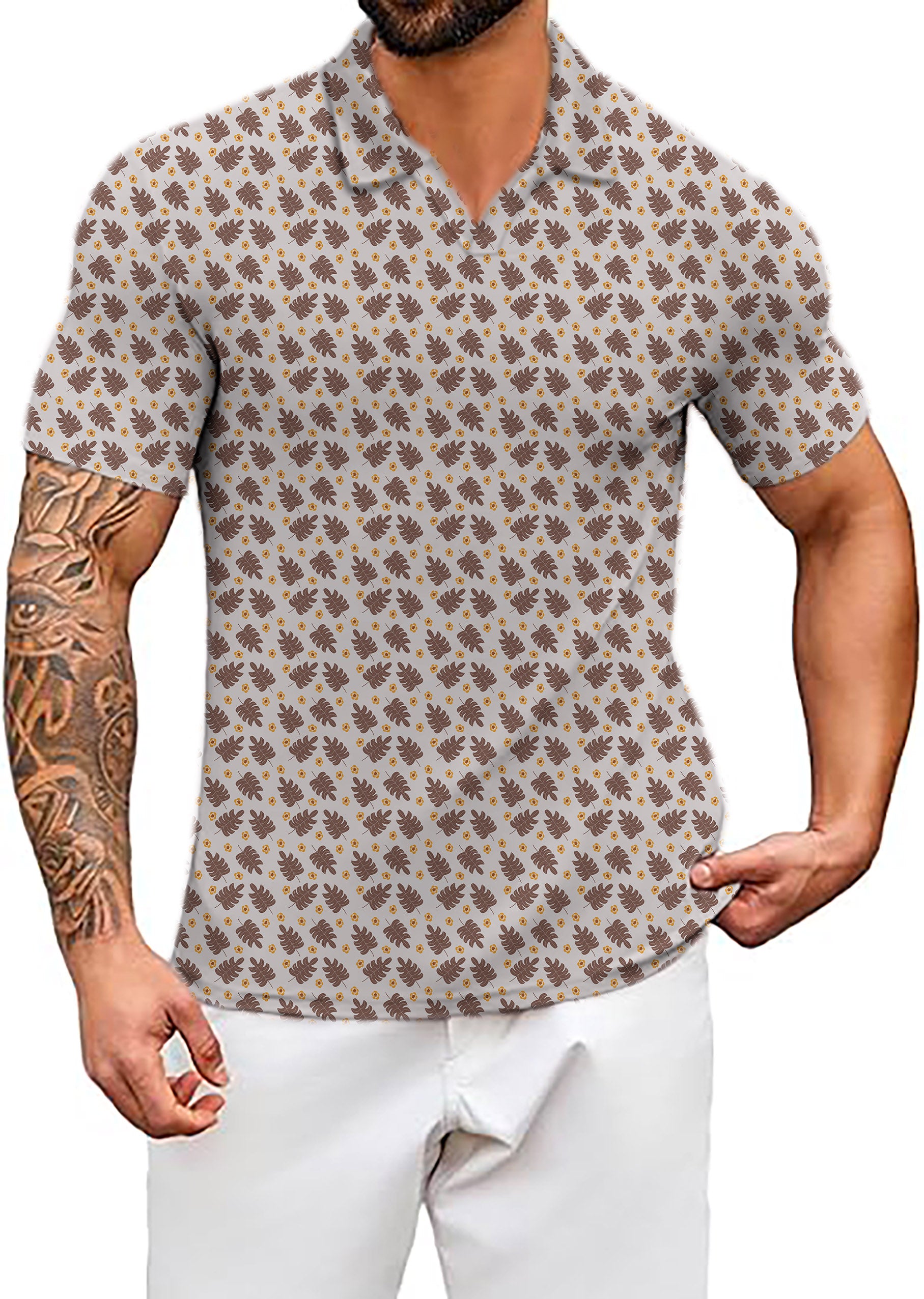 Men's brown palm leaf V Neck Golf Polo Shirts limited edition