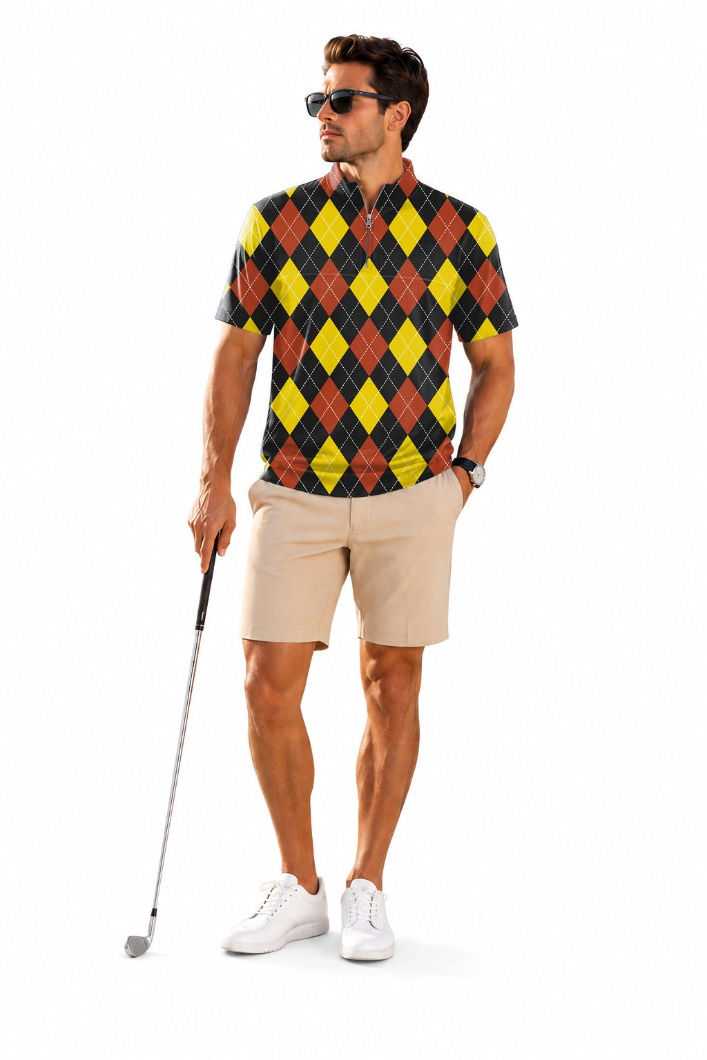 Men's Short Sleeve Quarter Zip Golf Pullover   Red Argyle Embroidery