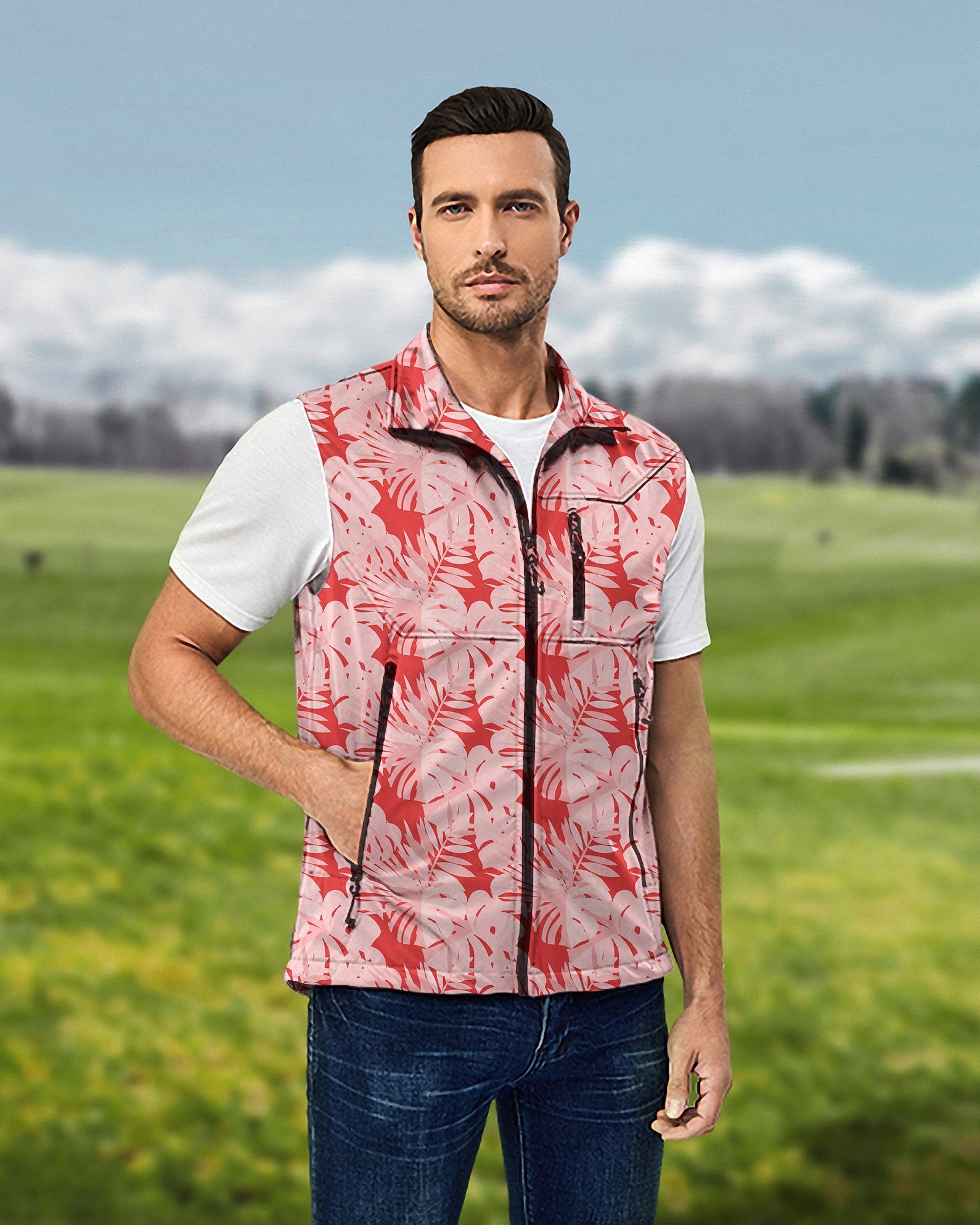 Men's red tropical leaves and plants Lightweight Softshell Vest Sleeveless Jacket for Golf Windproof Waterproof
