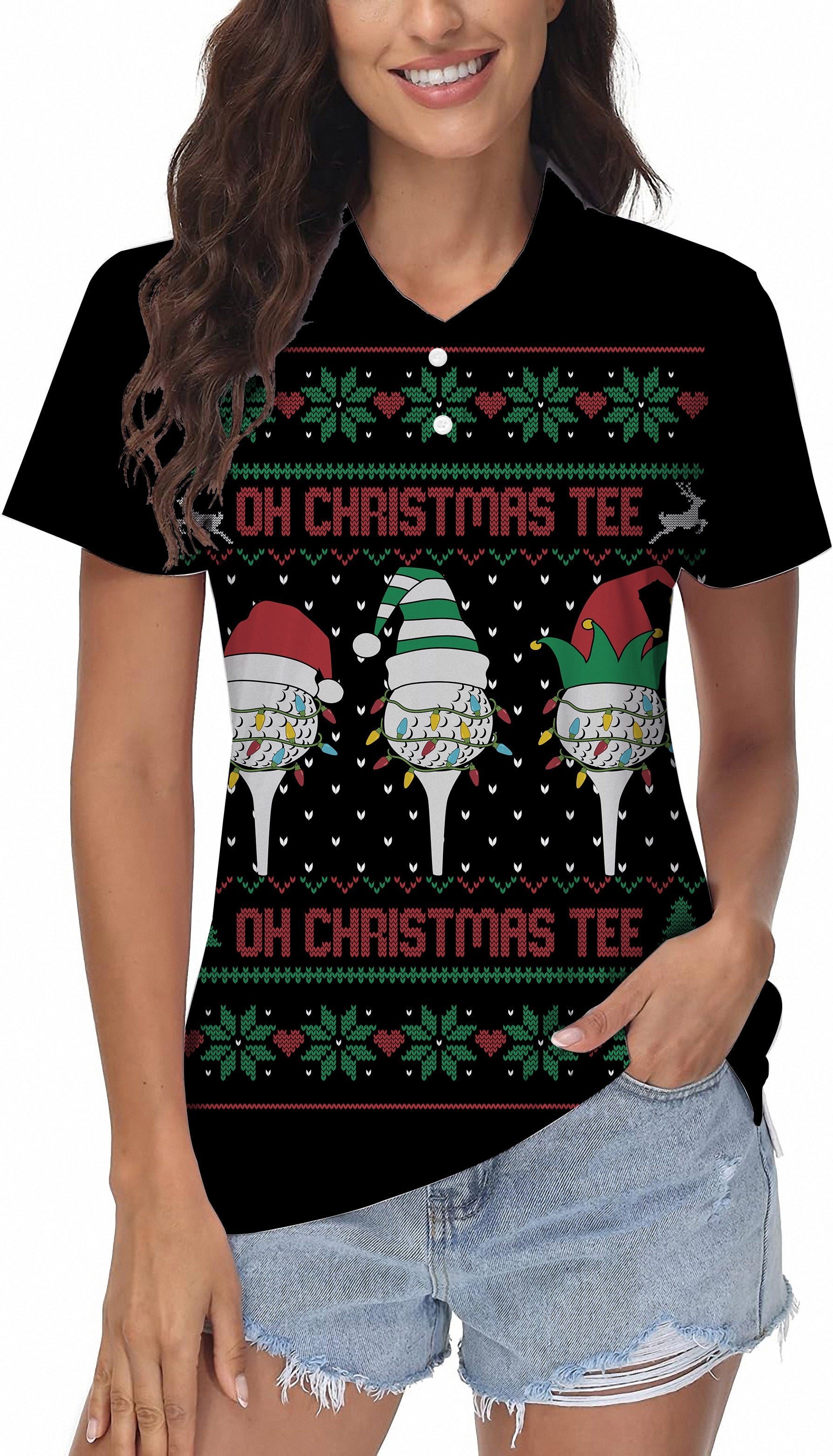 Black Christmas custom face women's golf polo with festive design and comfortable fit