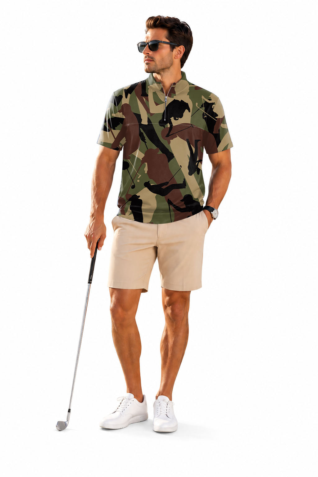 Men's Short Sleeve Quarter Zip Golf Pullover   Army Green Golf Embroidery