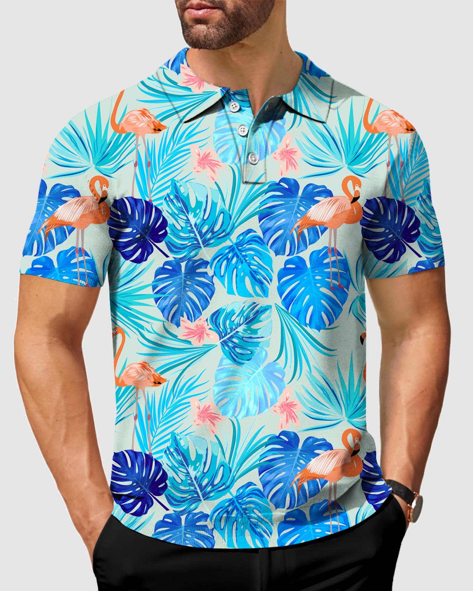 Men's golf Blue tropical flower flamingo polo