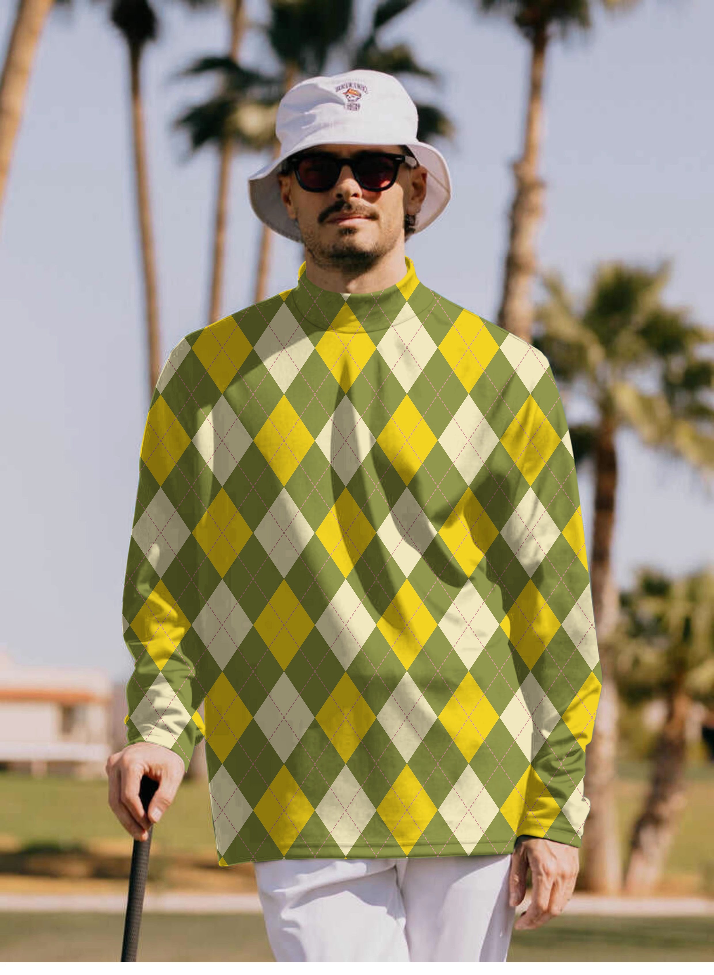 Men's Yollow Argyle Pullover High neck Long/Short sleeve T-Shirt