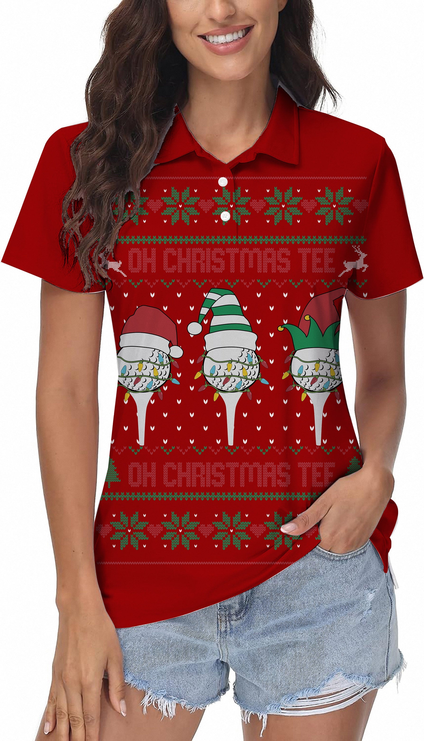 Red-Christmas custom face women's golf polo shirt with festive design and classic fit