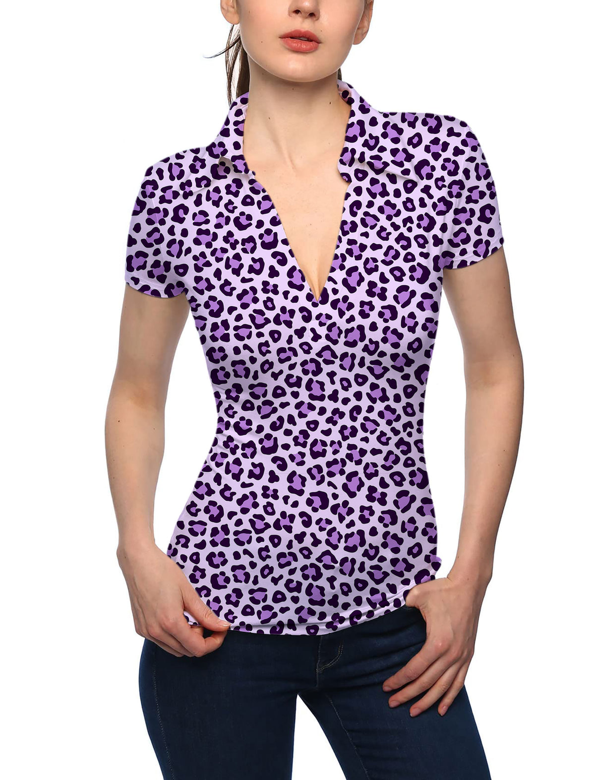 Women's pink leopard print V Neck Golf Polo
