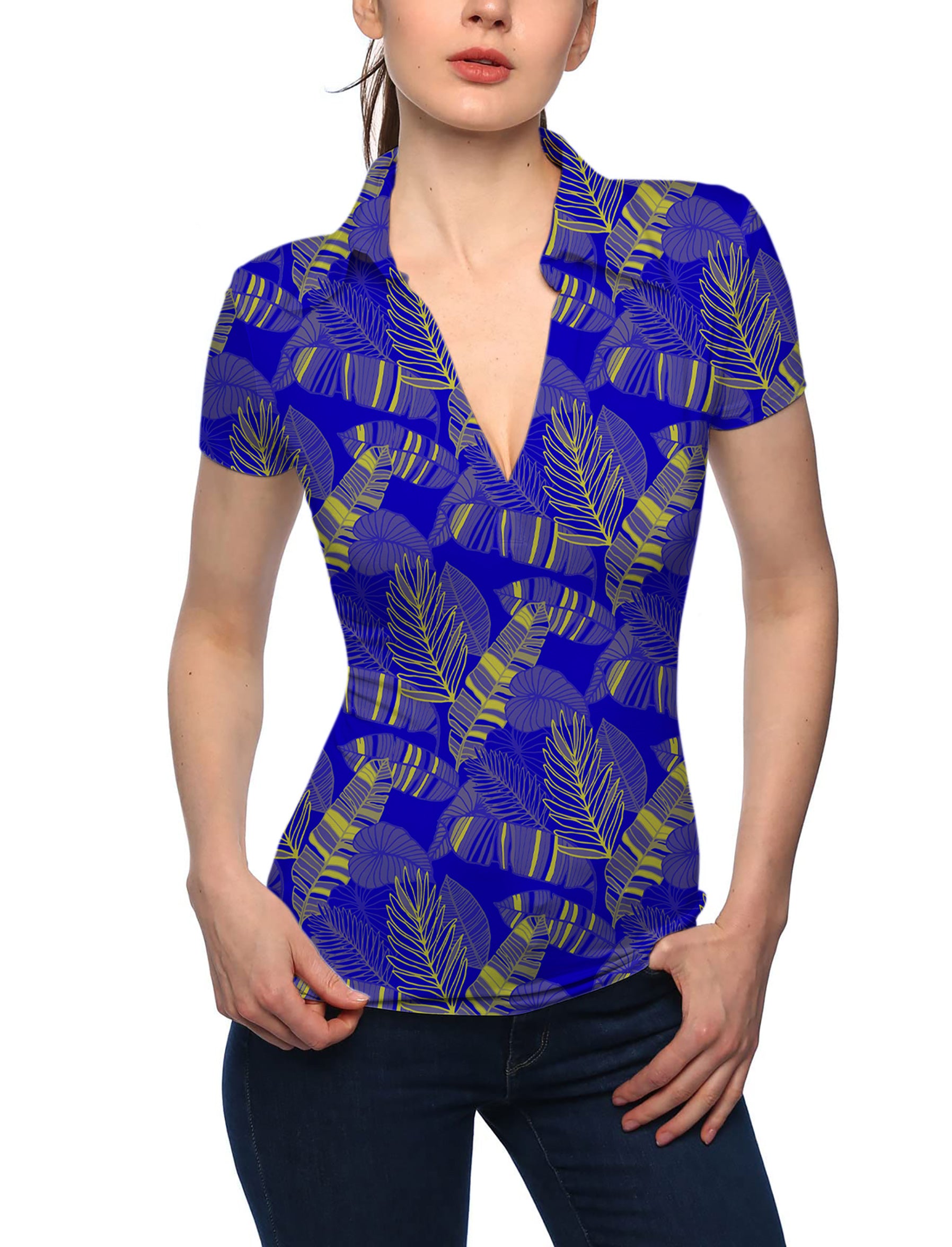 Women's palms yellow V Neck Golf Polo