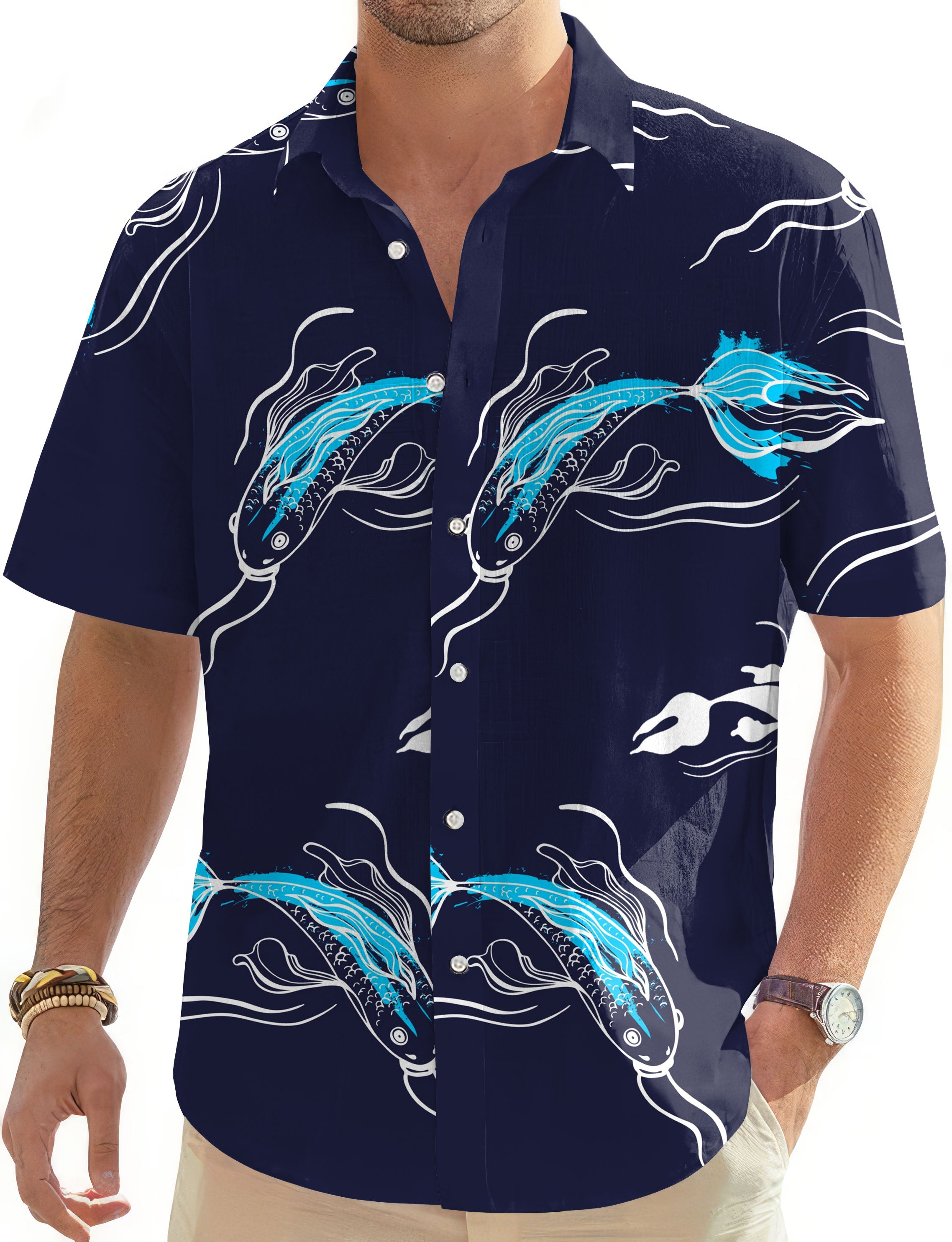 Diamond Accents Fish-Men's Golf Hawaiian Shirts Button Down Shirt