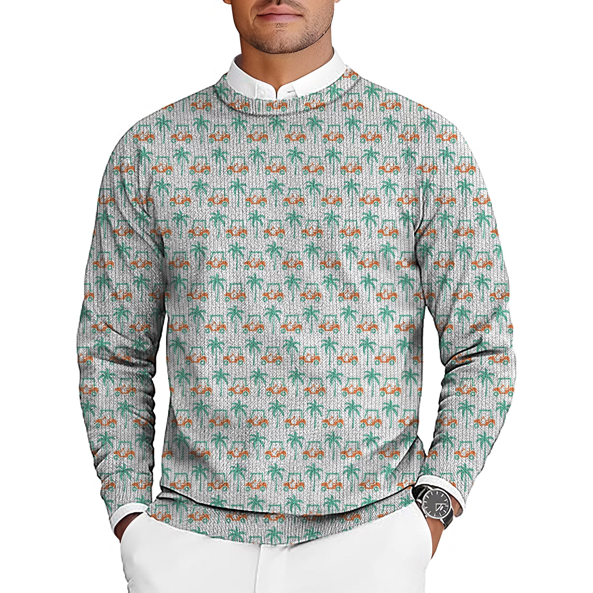 Palm trees and golf carts Men's Golf Crewneck Pullover Sweaters Ugly Sweater