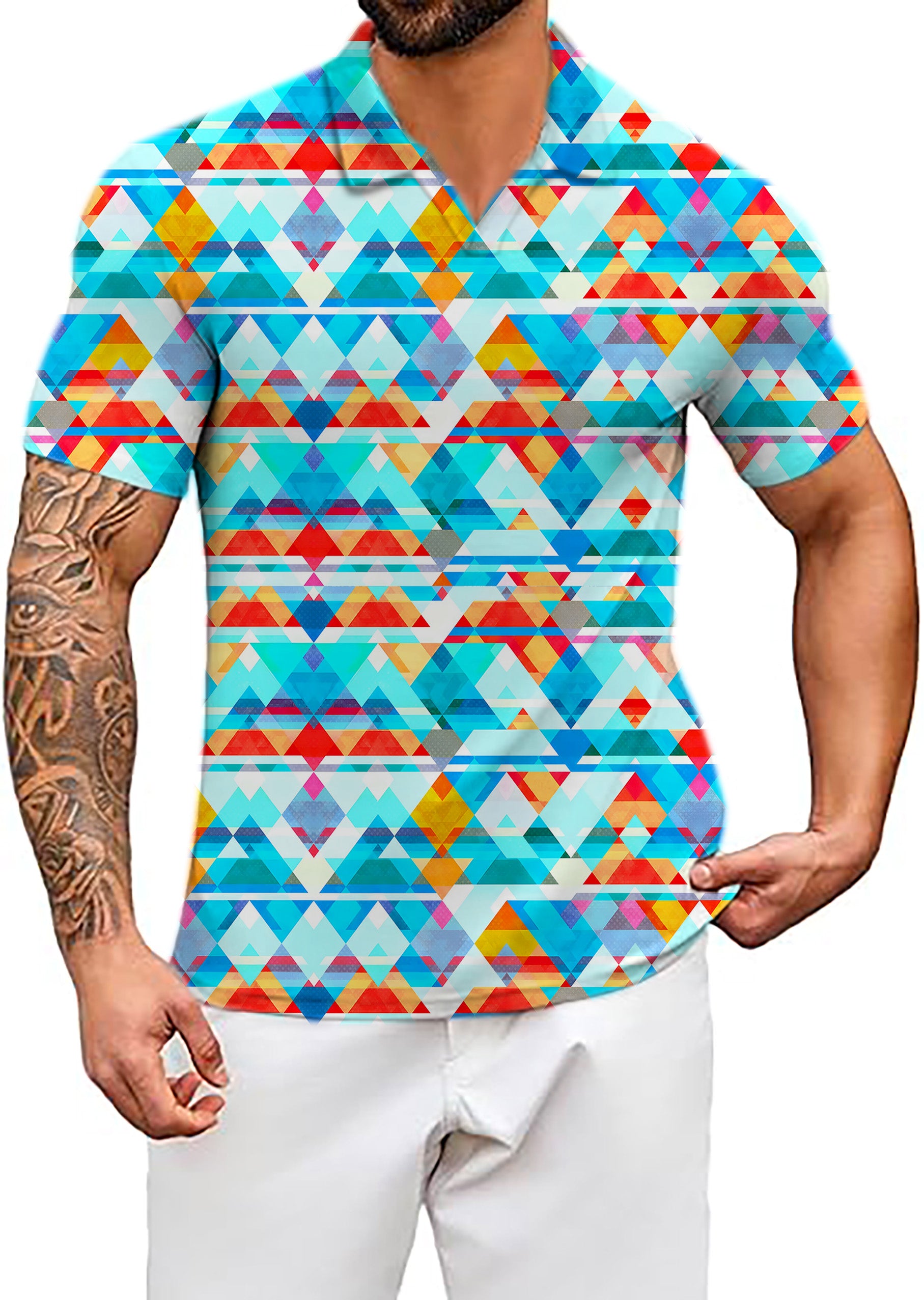 Men's Geometric lattice V Neck Golf Polo Shirts