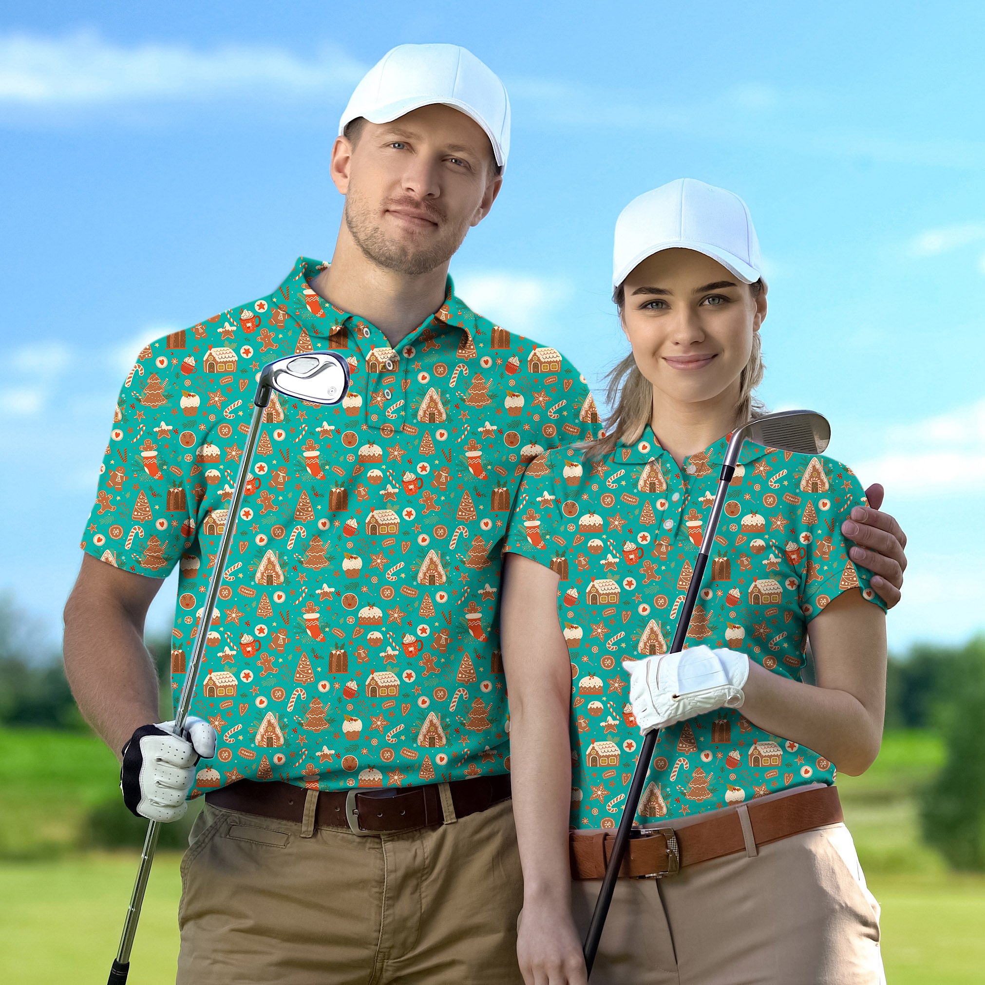 Golf Polo Couple Family set Green Christmas Candy House tournament