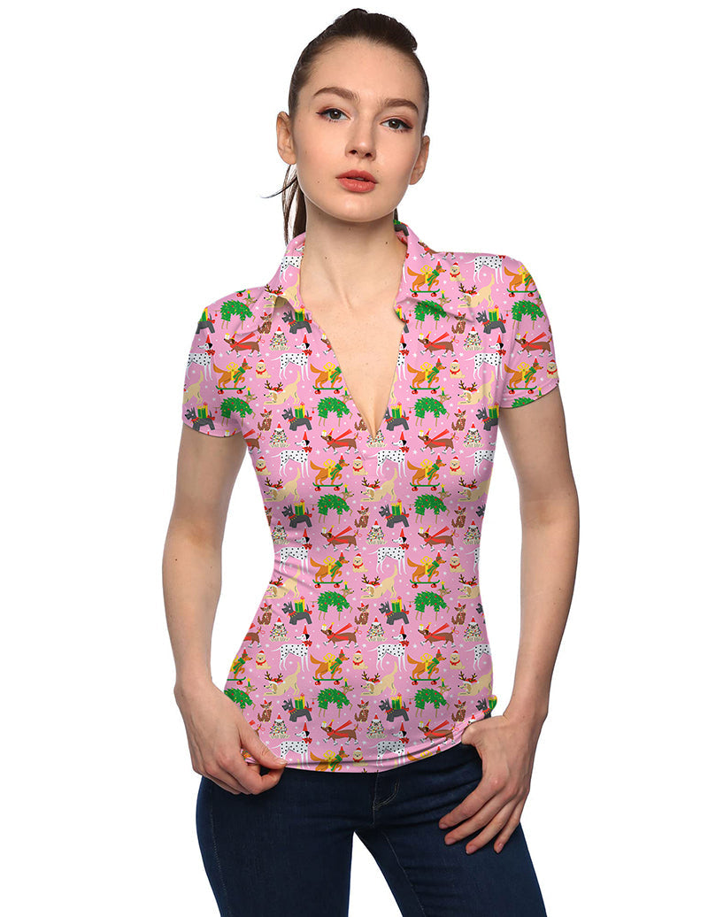 Women's Christmas dog V-neck golf polo shirt with festive dog print and short sleeves