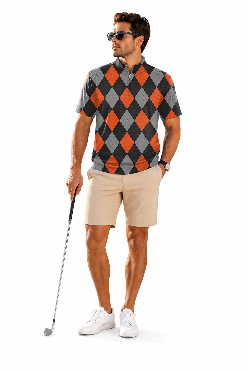 Men's Short Sleeve Quarter Zip Golf Pullover   Halloween Black Red Argyle Embroidery