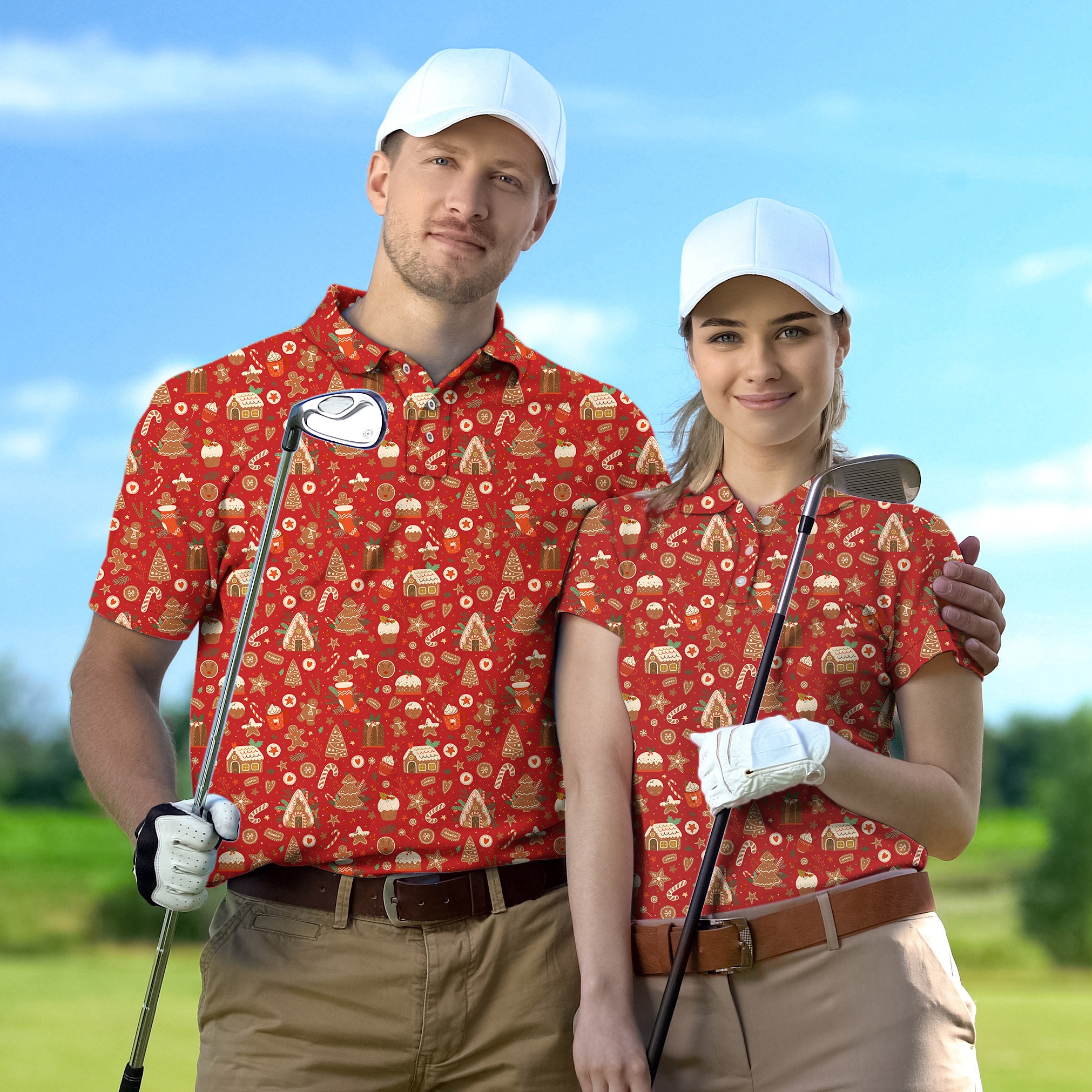 Golf Polo Couple Family set Red Christmas Candy House tournament