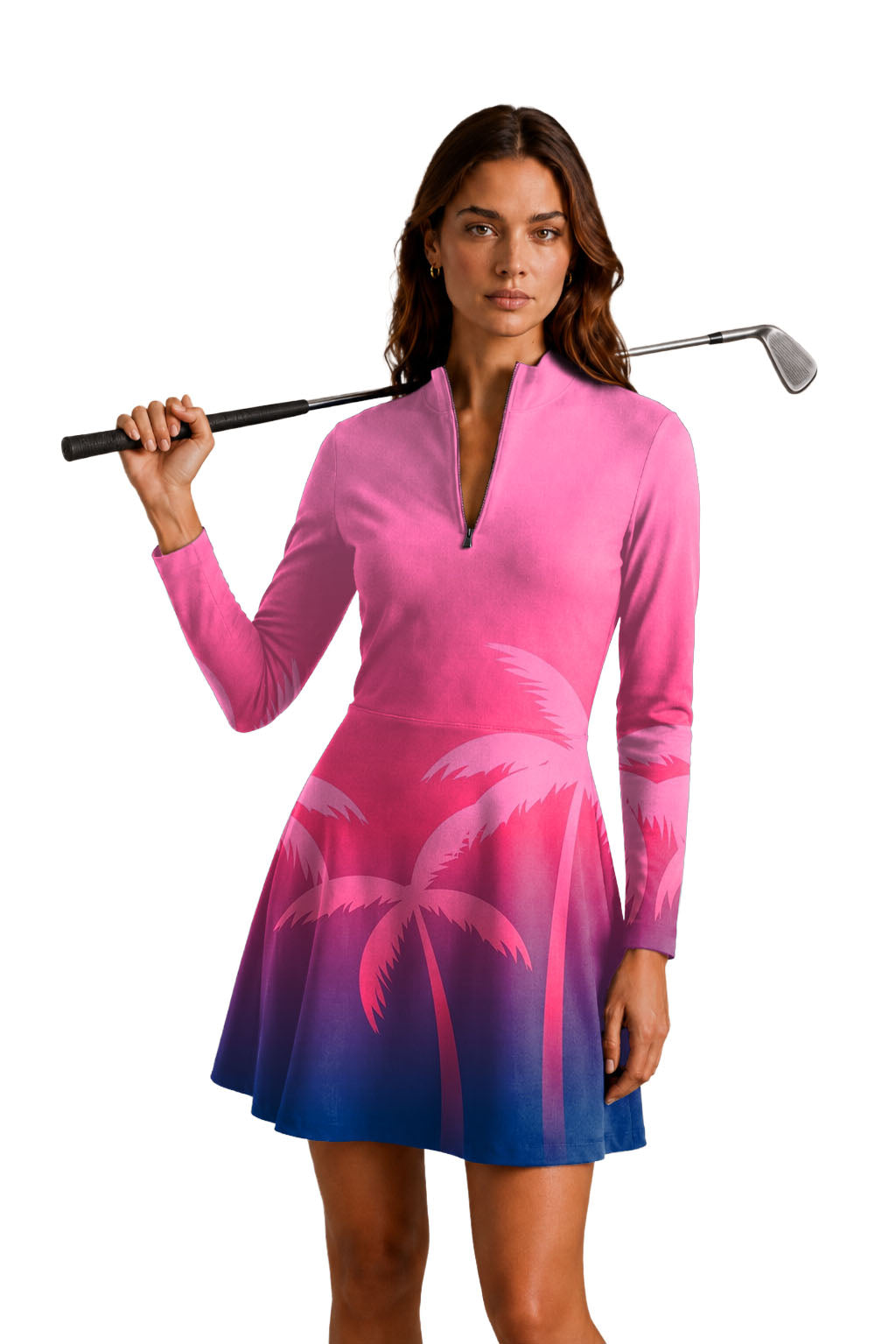 Pink Palm Paradise Women's Golf Long Sleeve Zipper Dresses Comes with separate matching shorts