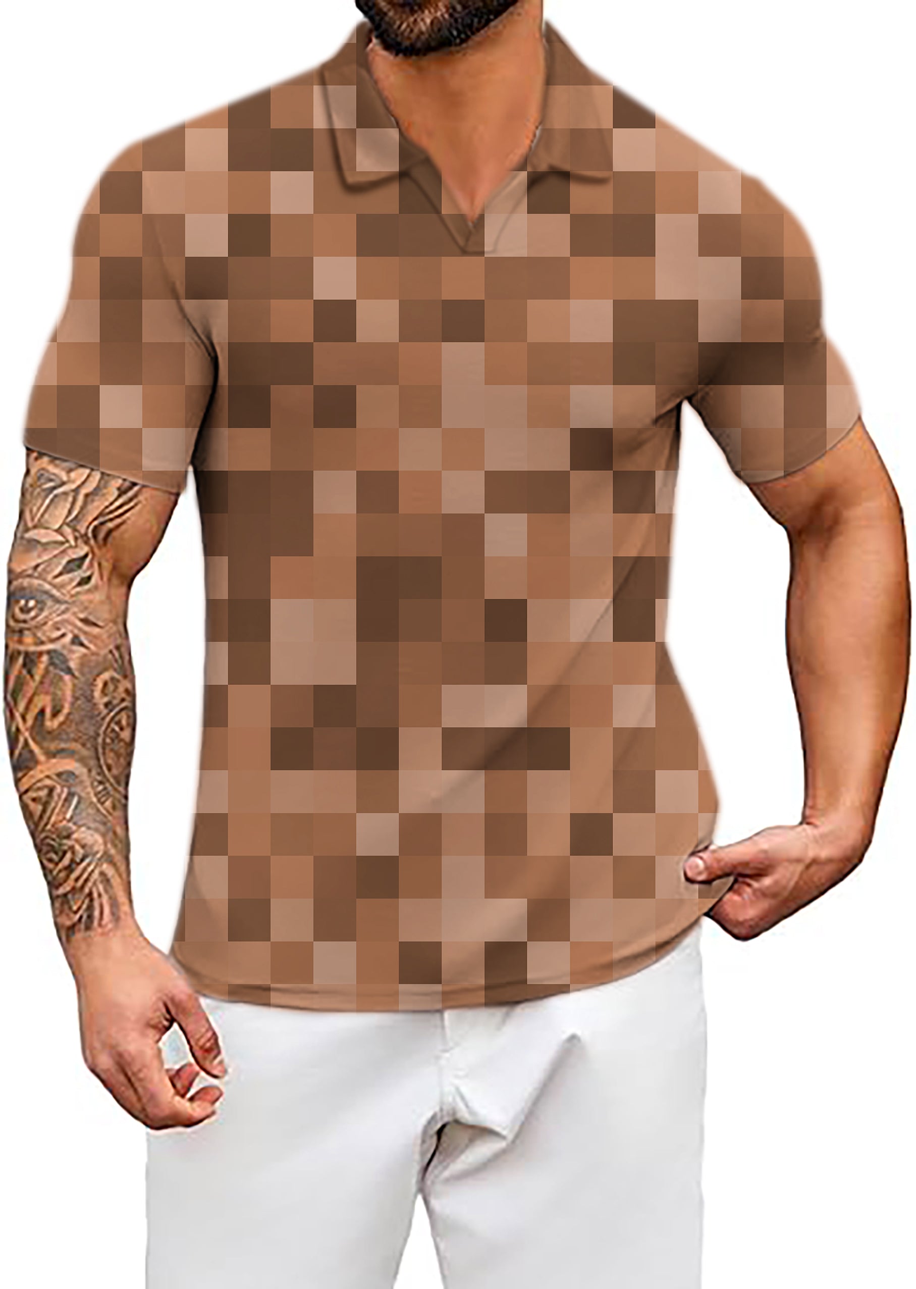 Men's Brown Pixel Big V Neck Golf Polo Shirts