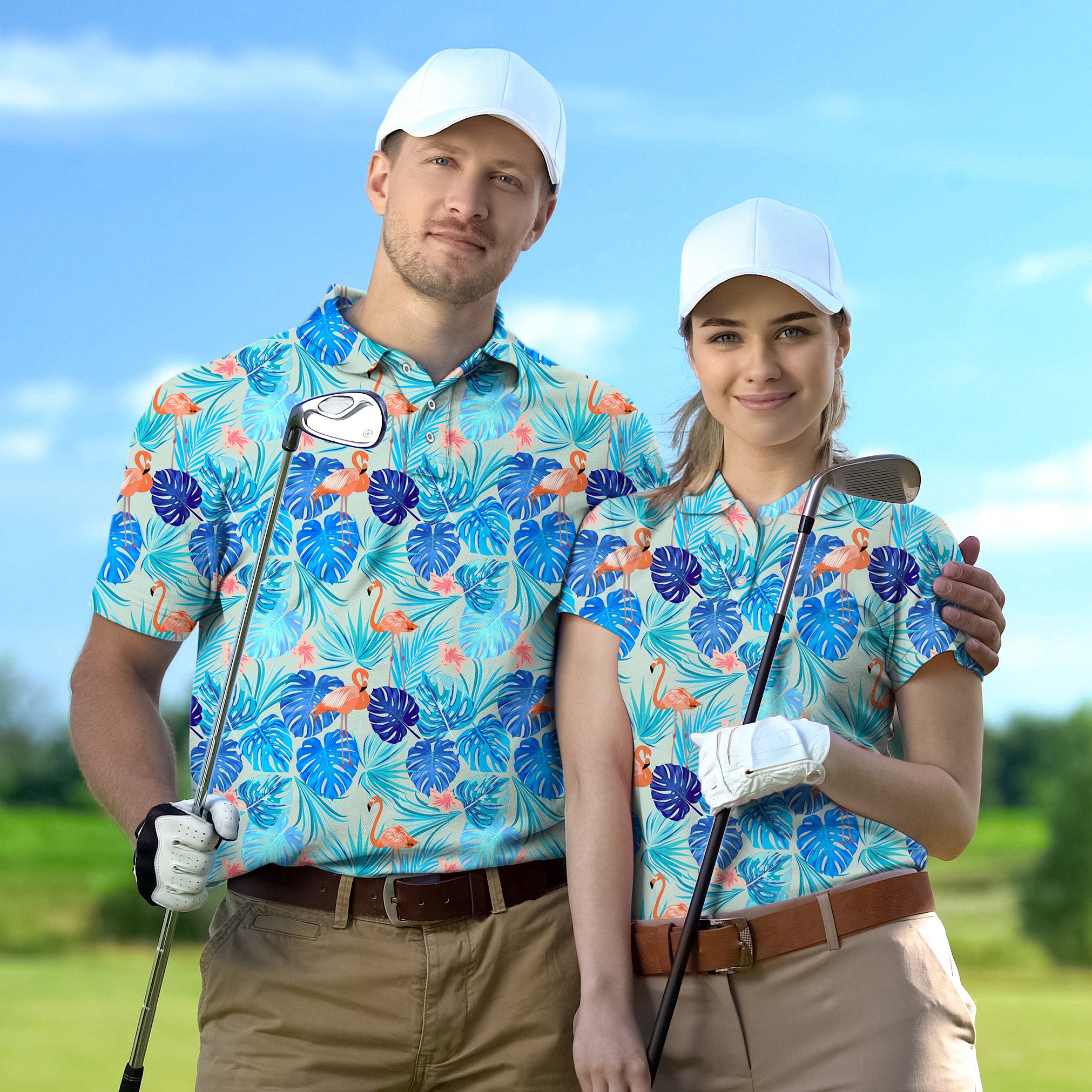 Golf Polo Couple Family set Cool Flamingos tournament