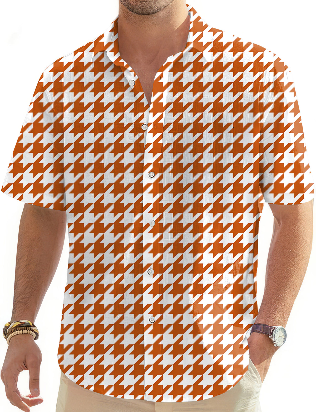 Halloween yellow and white houndstooth Men's Golf Hawaiian Shirts Button Down Shirt