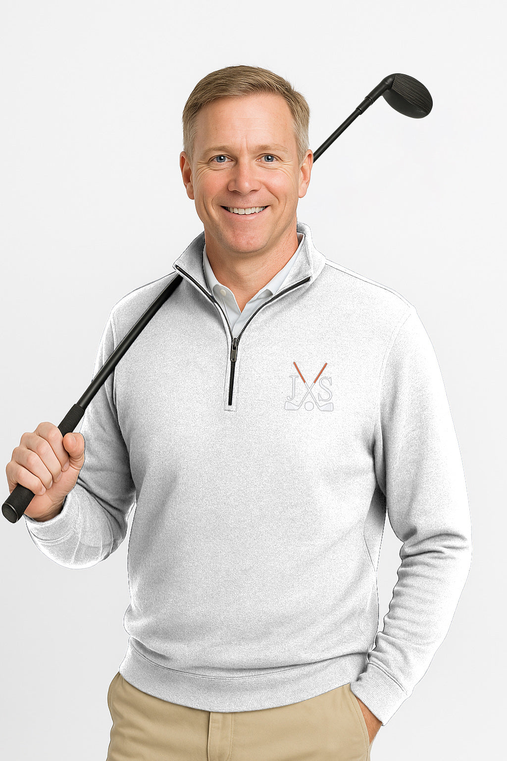 Embroidery solid color white plus size men's high neck hoodie with front pouch pocket and three-panel hood