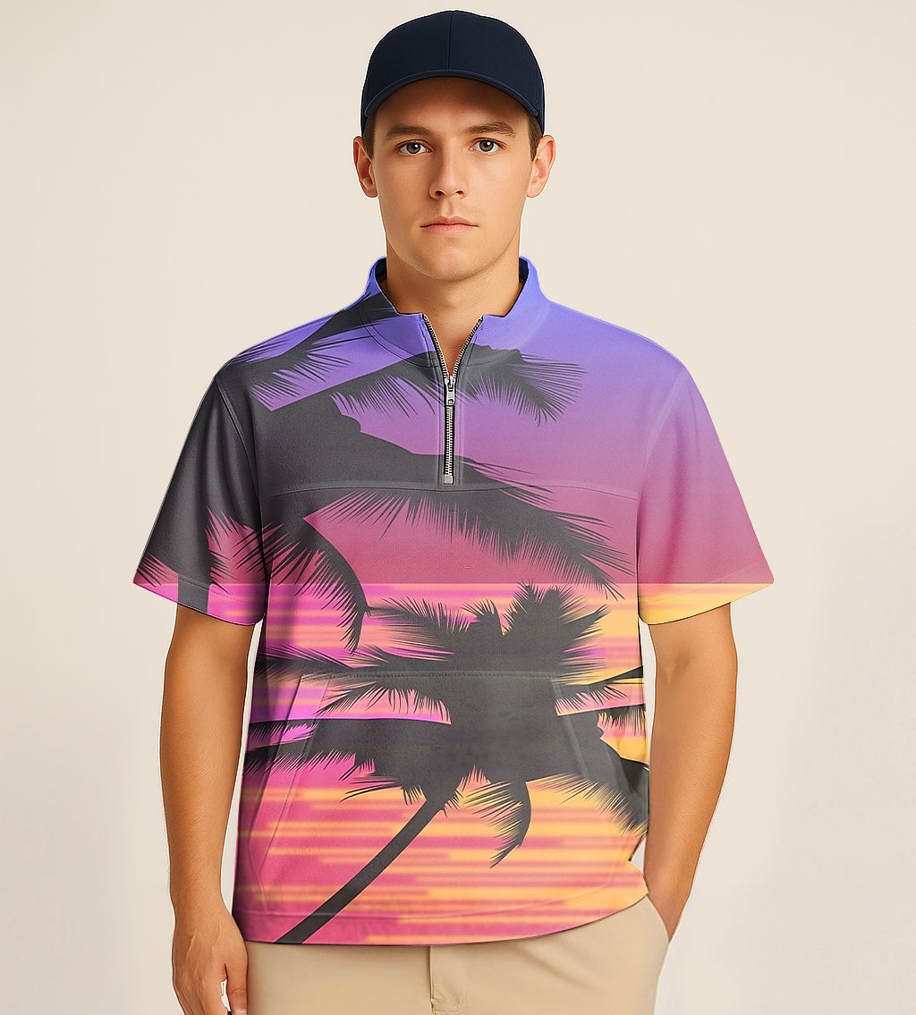 Half Zipper Turtleneck Golf Short Shirt Red Sunset Palm Tree Embroidery