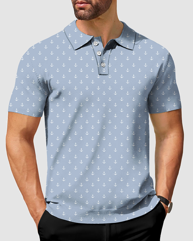 Men’s blue anchor polo shirt with four-way stretch, moisture-wicking fabric, wrinkle resistance, and UPF 40+ protection.