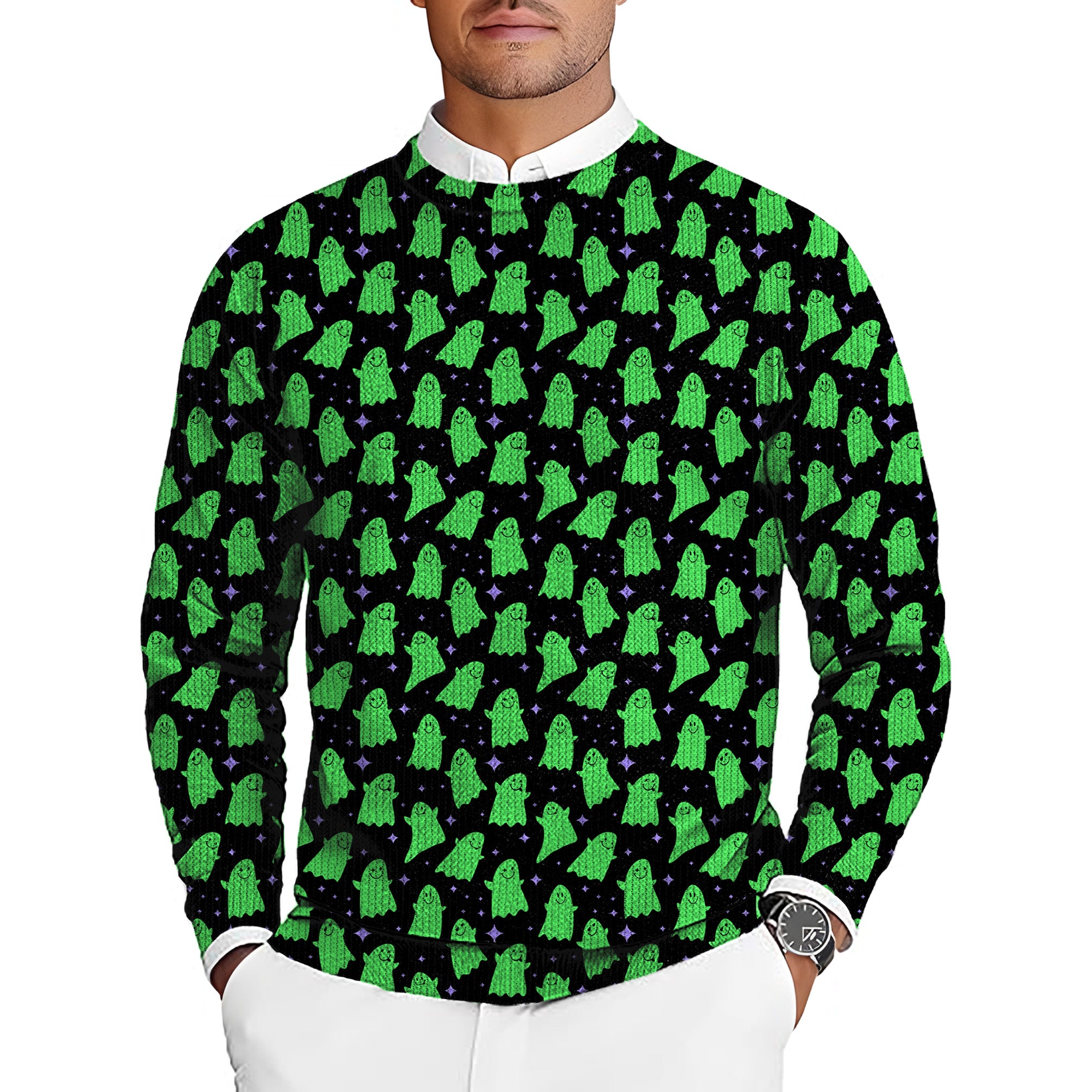 Halloween Green Ghost Men's Golf Crewneck Pullover Sweaters Ugly Sweater