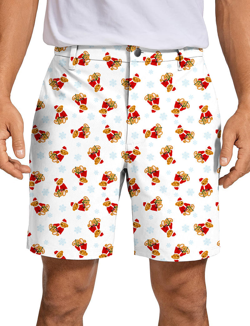 Men's Christmas Teddy Bear patterned golf shorts with quick-dry, breathable fabric and two-way stretch design