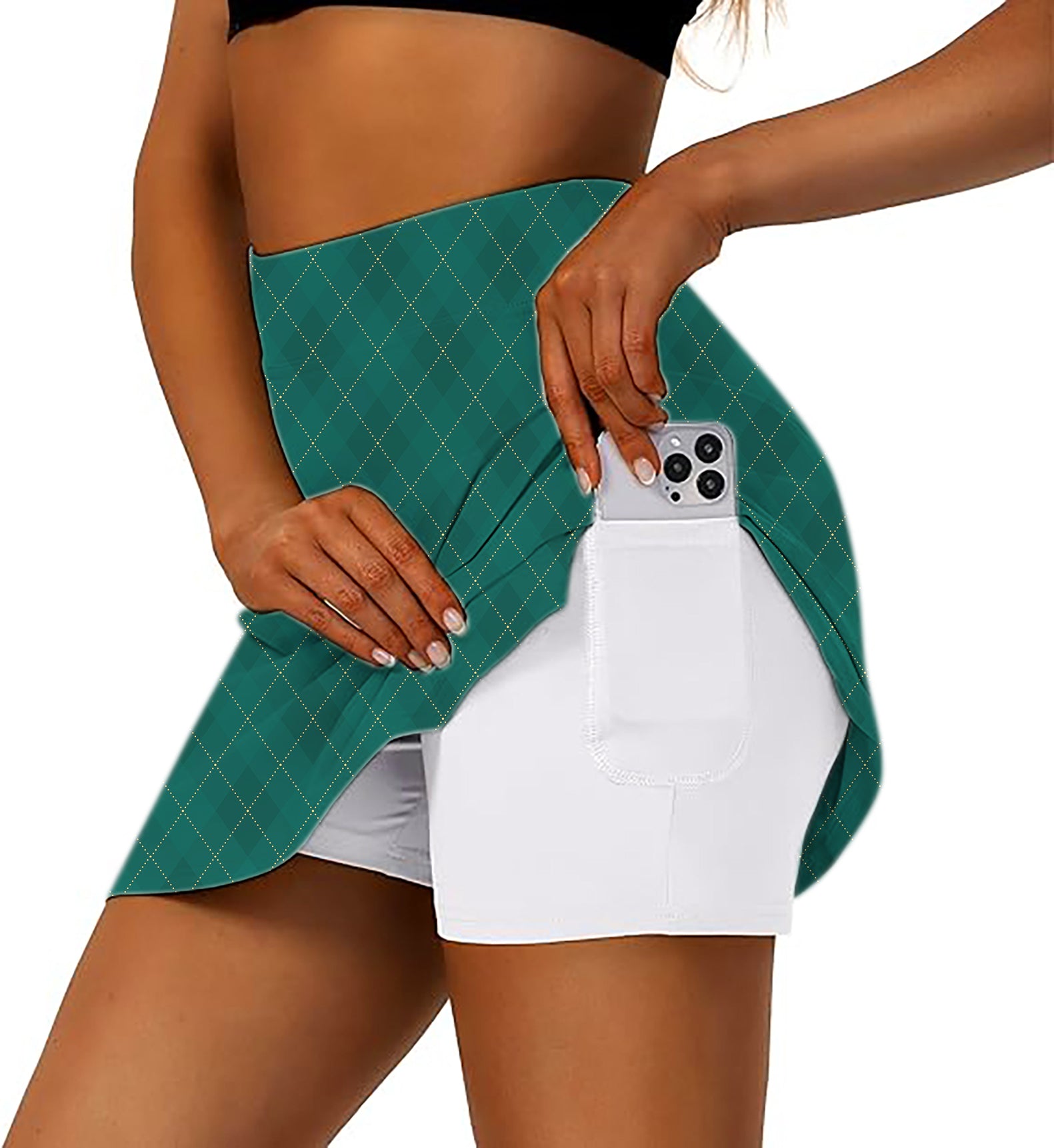 Women's Green diamond grid Golf Skirts Inner Shorts Pocket