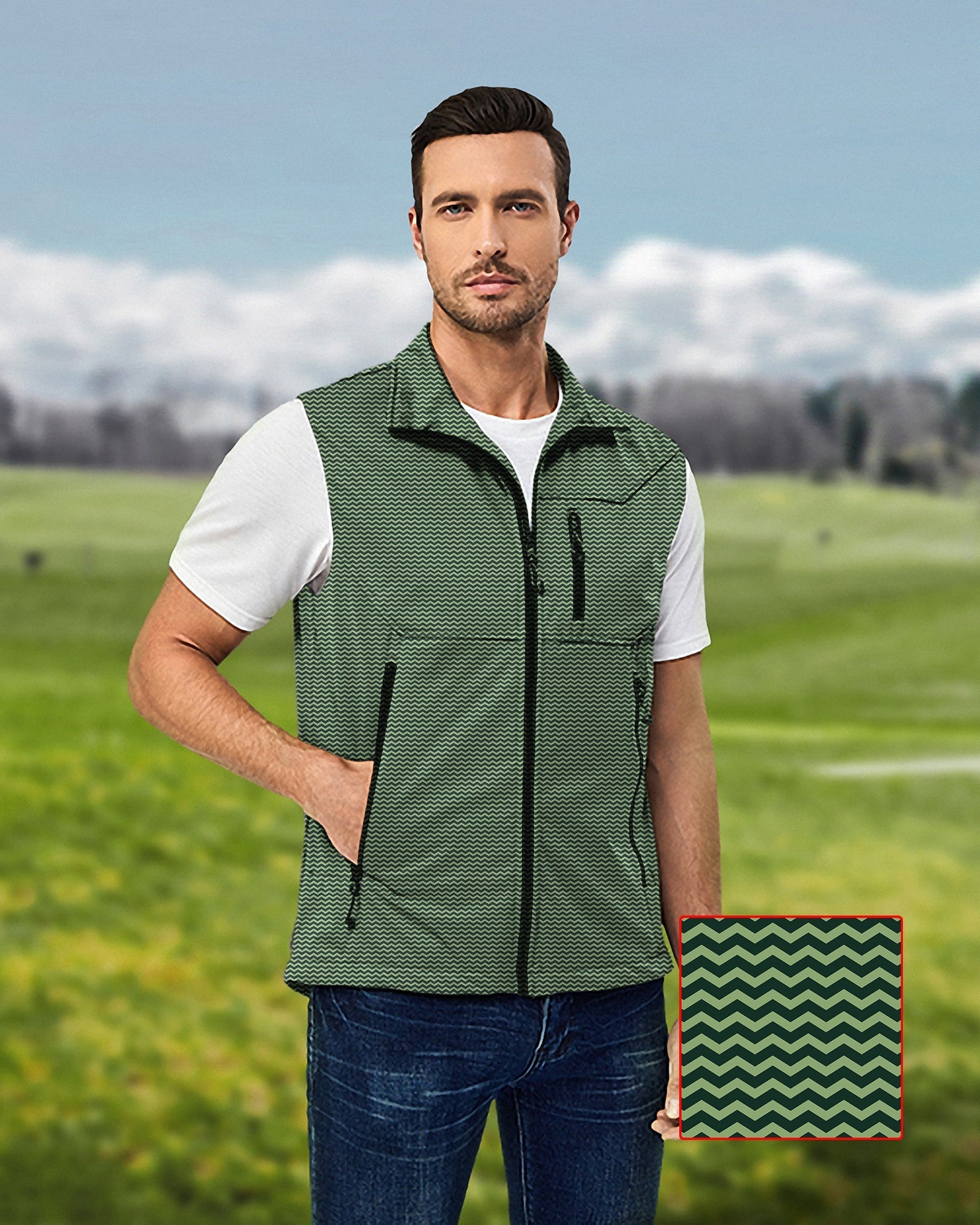 Men's Green Waves lightweight green softshell vest with wavy pattern, sleeveless, windproof and waterproof golf jacket