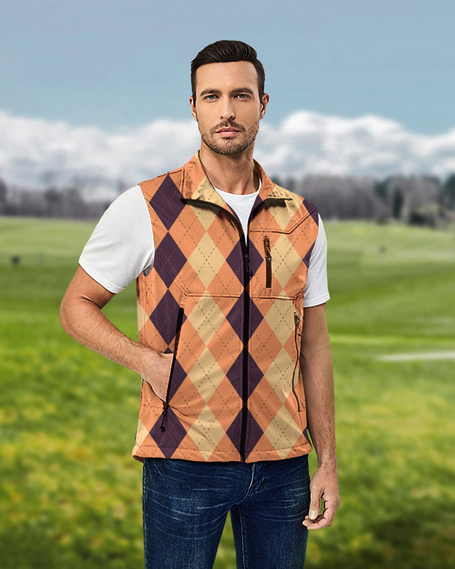 Men's Halloween Black Light Yellow Orange Argyle Lightweight Softshell Vest Sleeveless Jacket for Golf Windproof Waterproof