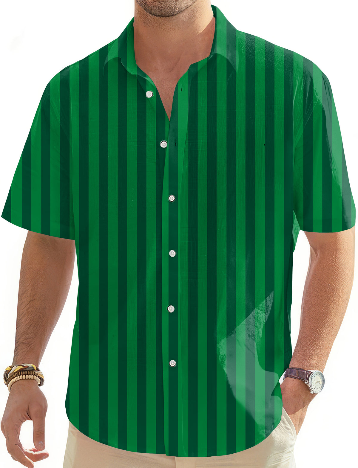 Vertical stripes on a watermelon Men's Golf Hawaiian Shirts Button Down Shirt