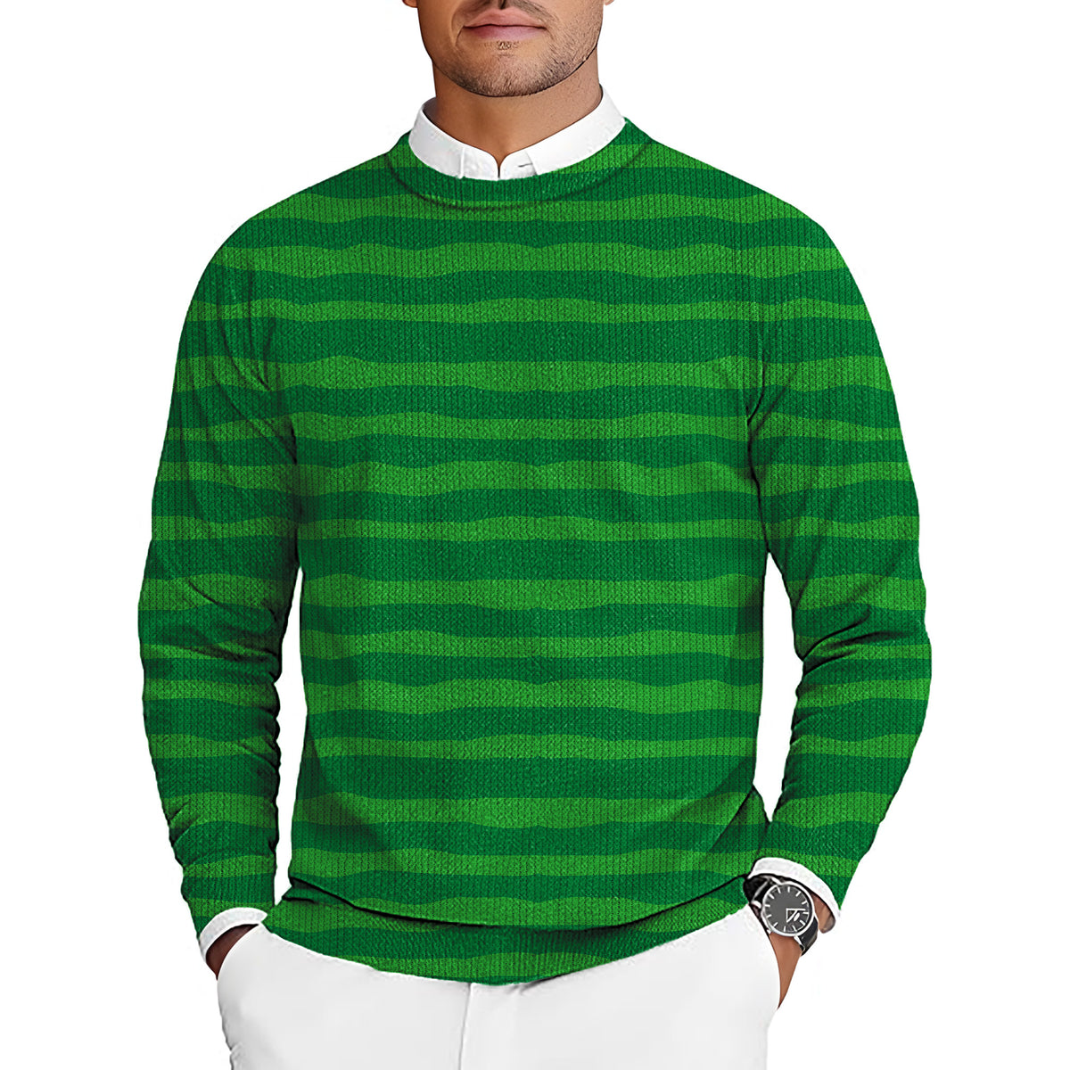 Horizontal watermelon stripes Men's Golf Crewneck Pullover Sweaters Ugly Sweater