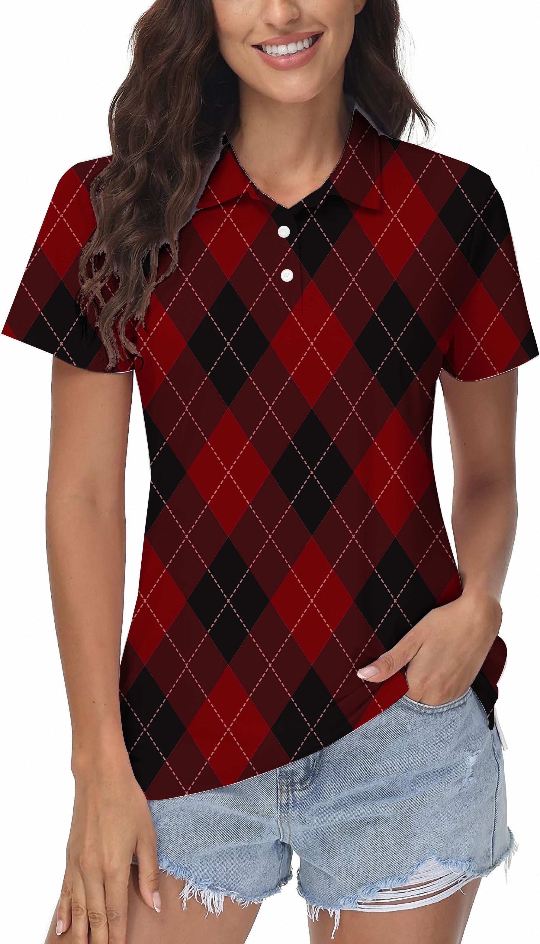 red Argyle Women's Golf Polo