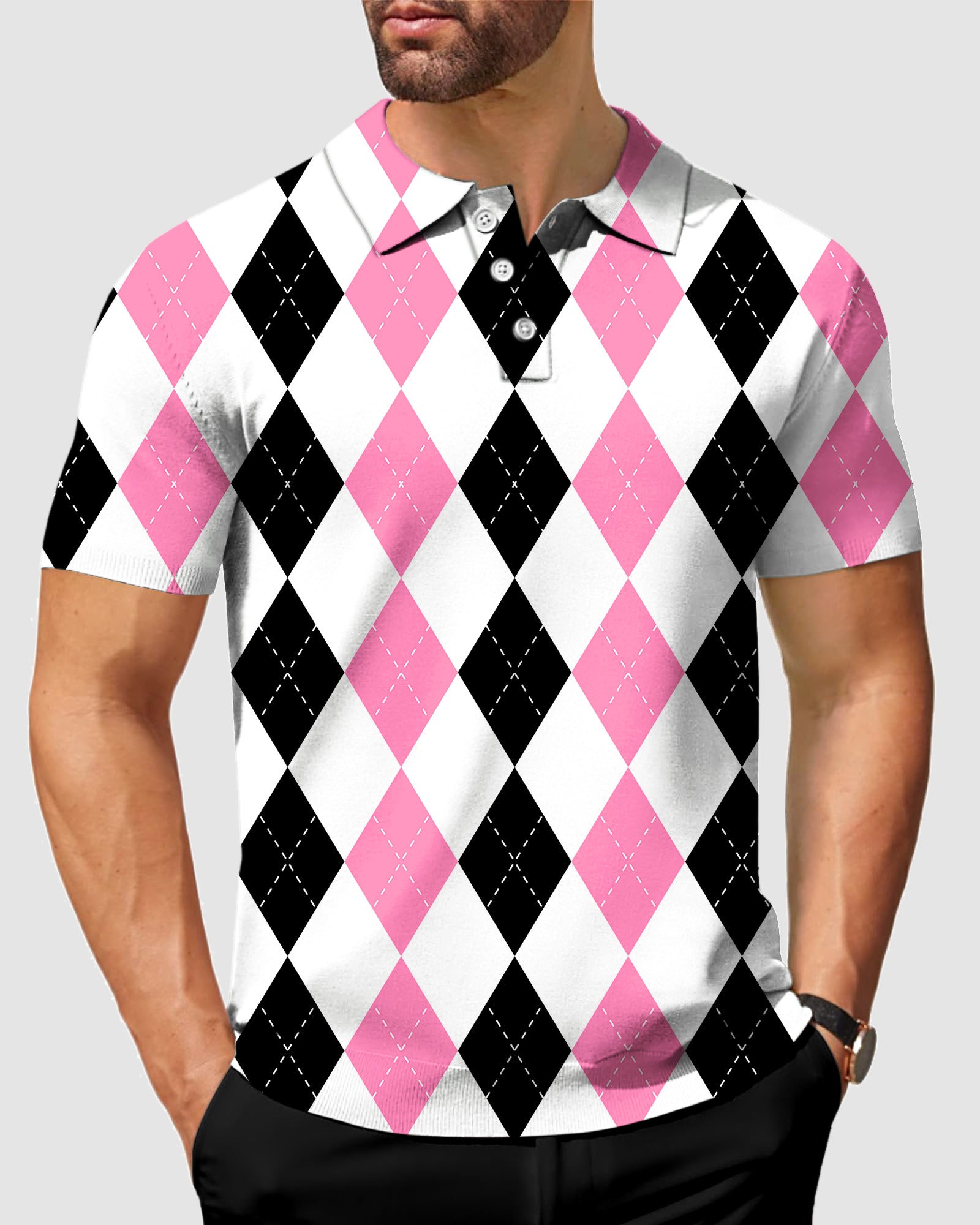 Men's pink black argyle Polo
