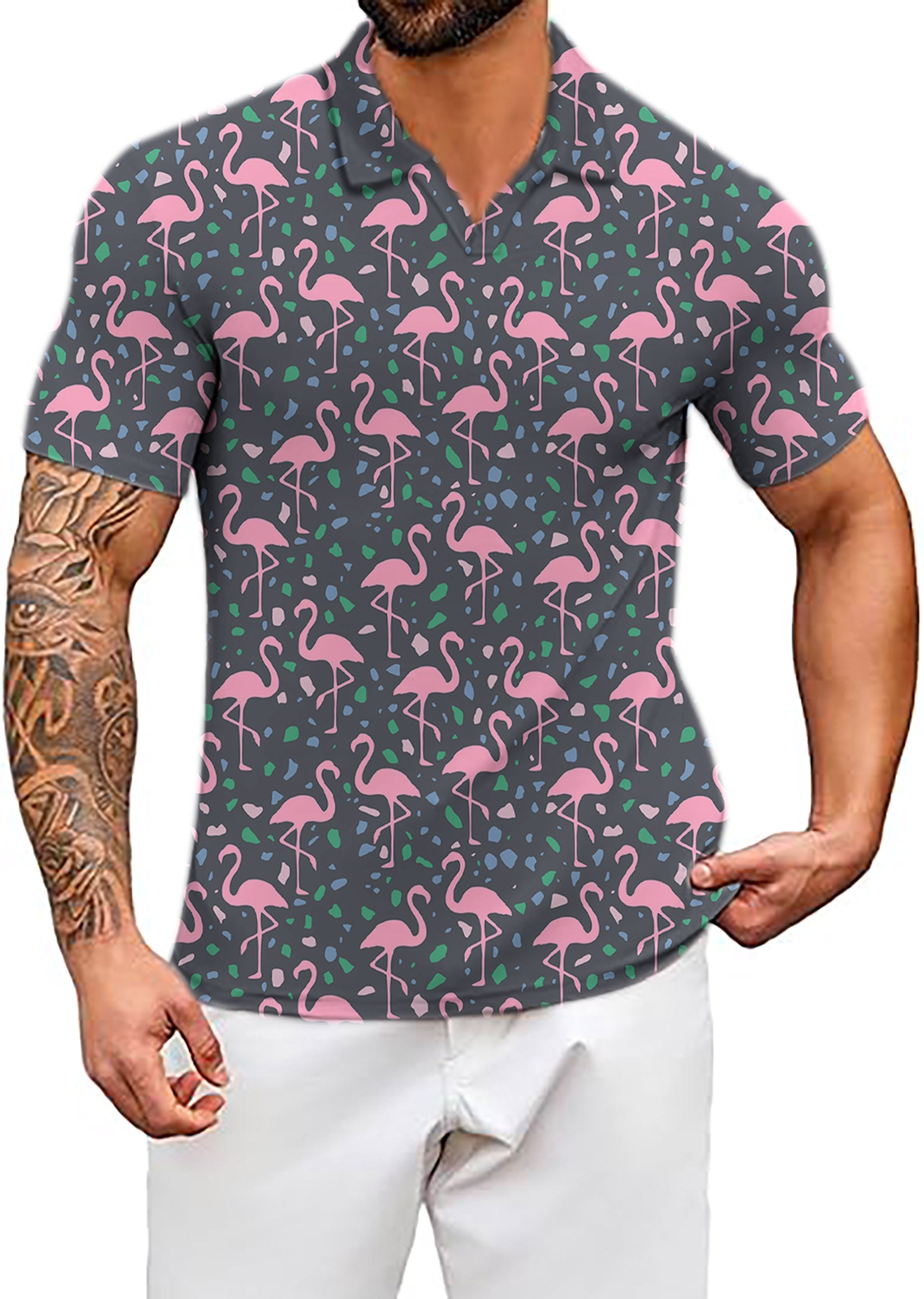 Men's Terrazzo Flamingo V Neck Golf Polo Shirts