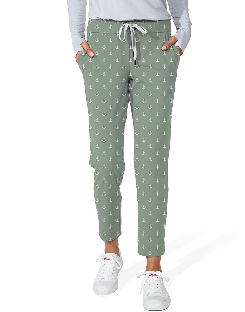 Light green anchor print women's 7/8 stretch ankle golf pants with elastic waistband and pockets